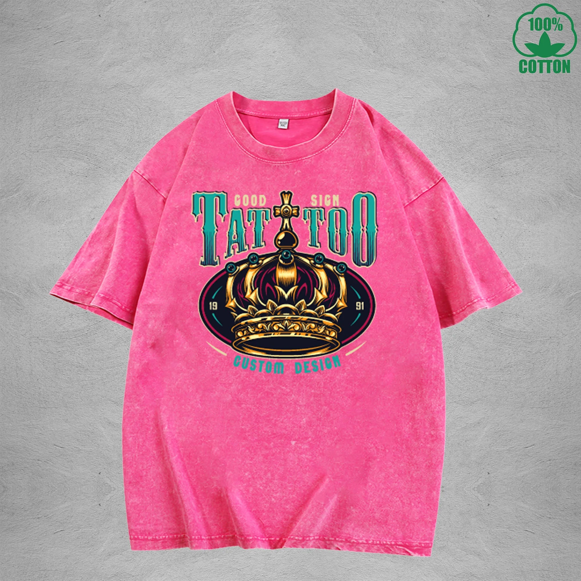 Crown of Power Interest Printed Washed T-Shirt 230G Multicolor Loose Trendy Fashionable Cotton Short Sleeve Top
