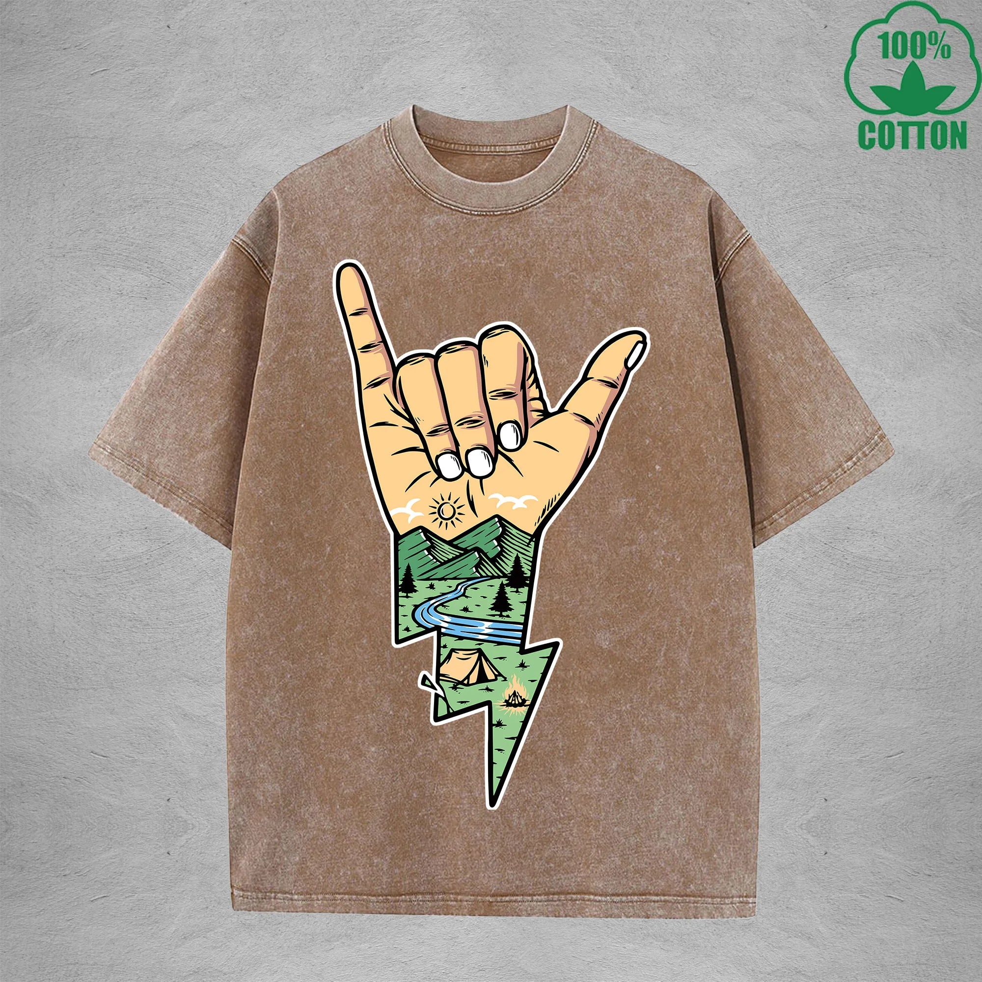 Lightning Camping Interest Printed Washed T-Shirt 230G Multicolor Loose Trendy Fashionable 100%Cotton Short Sleeve Top