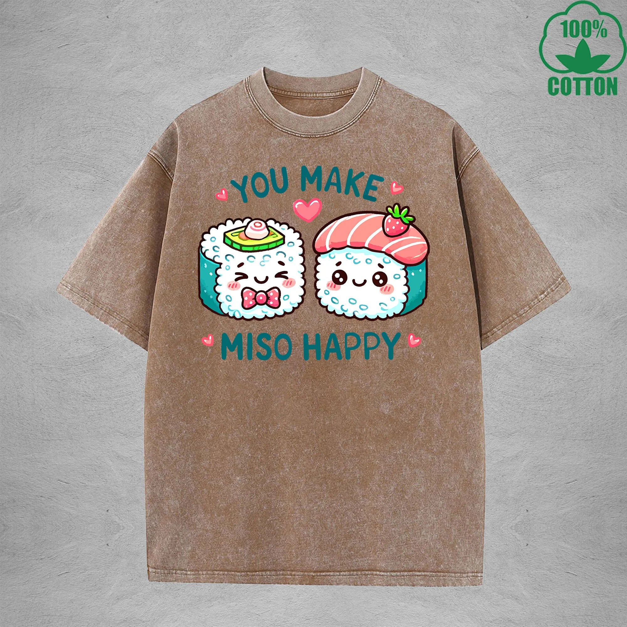 You Make Miso HappyInterest Printed Washed T-Shirt 230G Loose Trendy Fashionable 100%Cotton Short Sleeve Top