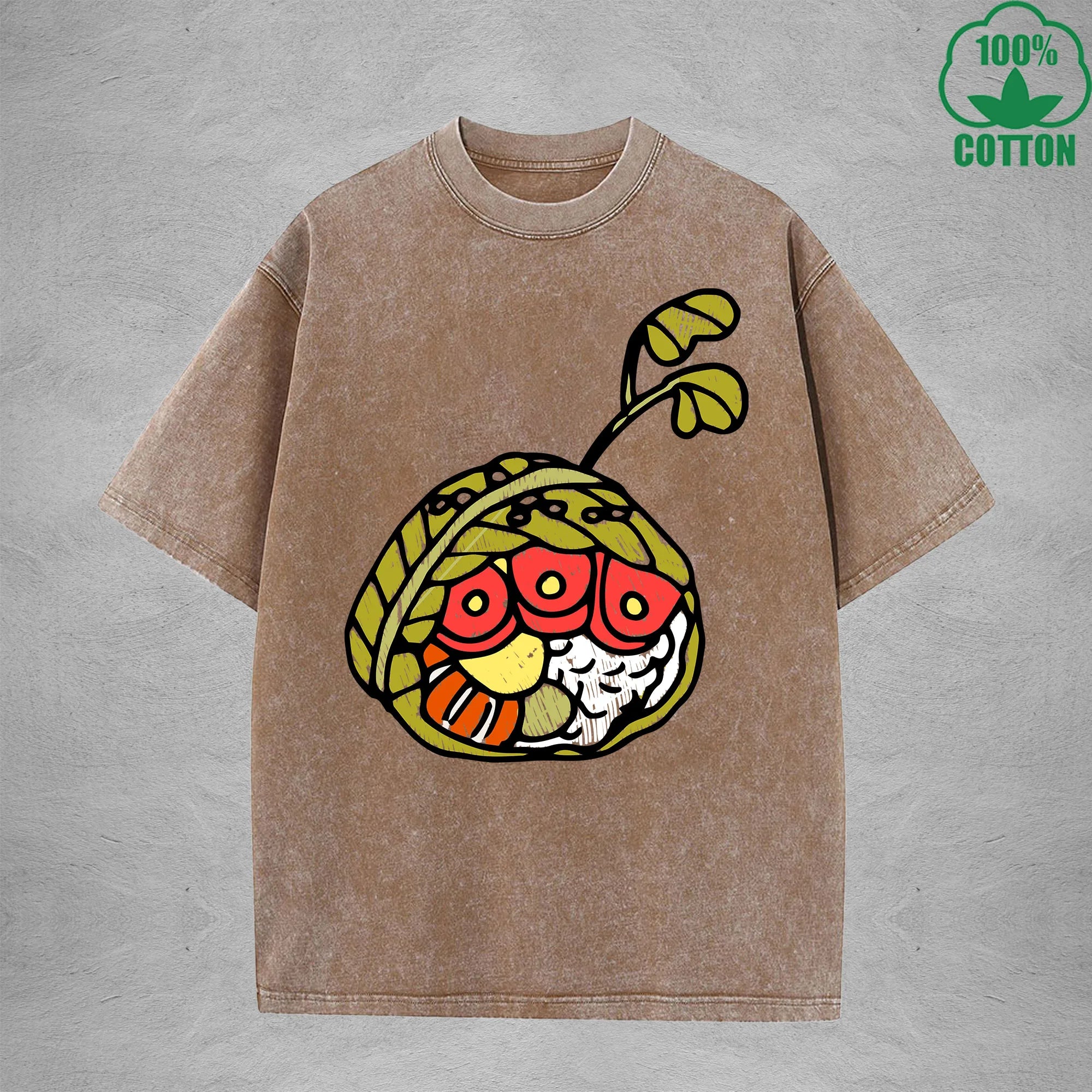 Cute Rice BallInterest Printed Washed T-Shirt 230G Multicolor Loose Trendy Fashionable 100%Cotton Short Sleeve Top