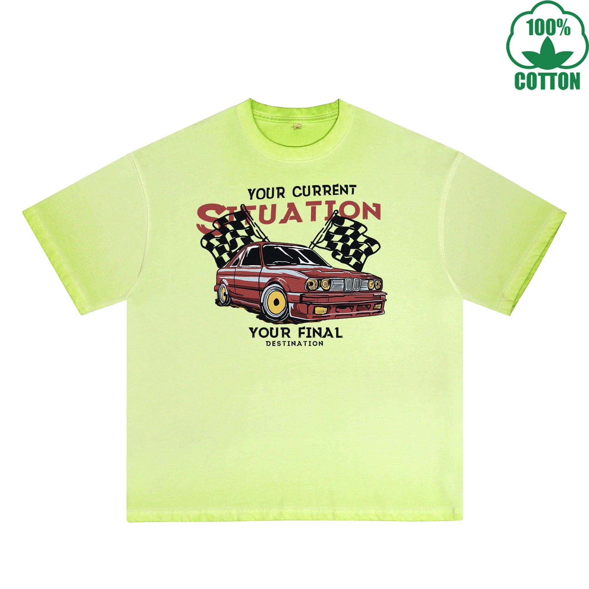 Racing Printed Dirty WashT-Shirt 230G Multicolor Loose Trendy Fashionable 100%Cotton Short Sleeve Top