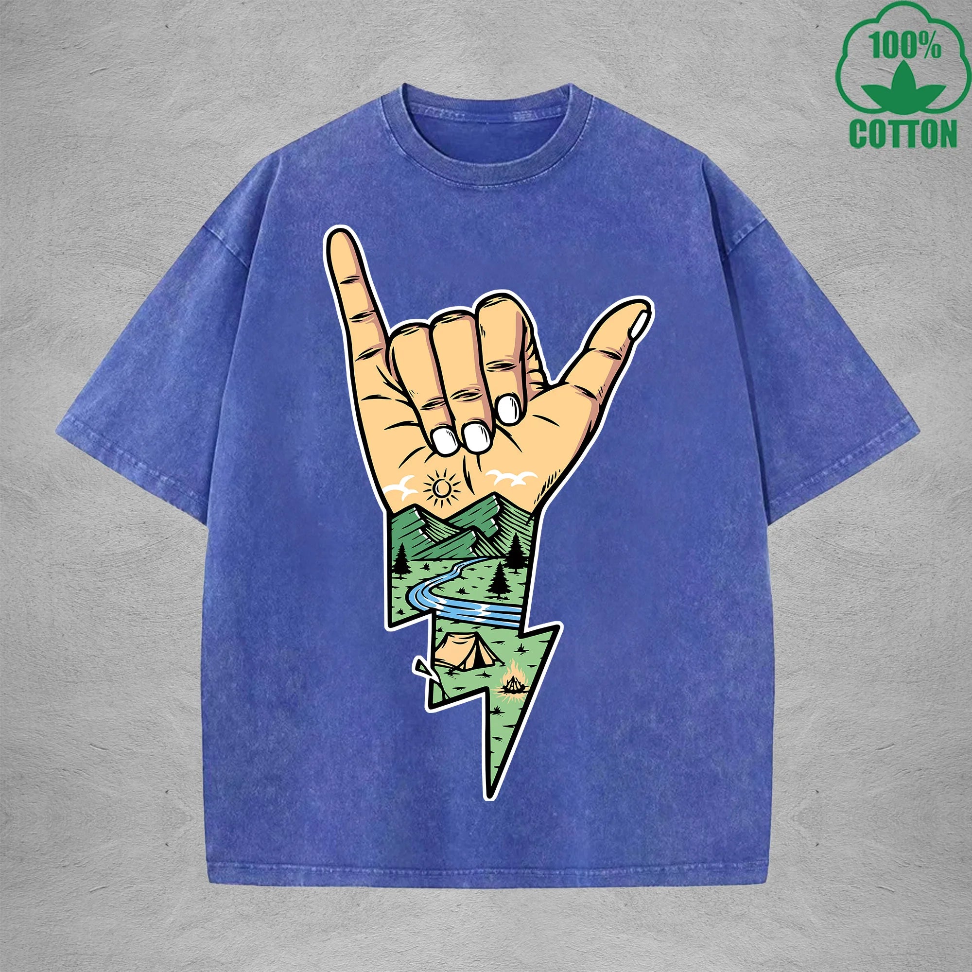 Lightning Camping Interest Printed Washed T-Shirt 230G Multicolor Loose Trendy Fashionable 100%Cotton Short Sleeve Top