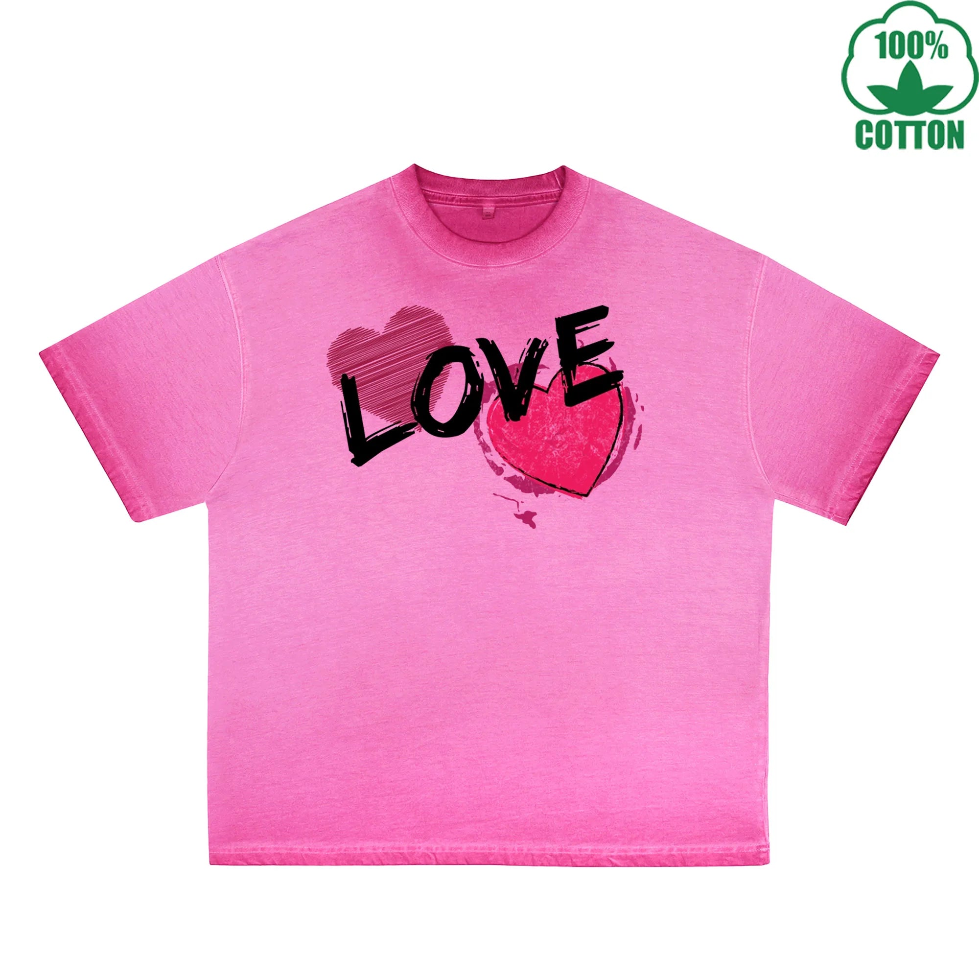 Love Printed Dirty WashT-Shirt 230G Multicolor Loose Trendy Short Sleeves Fashionable 100%Cotton Top