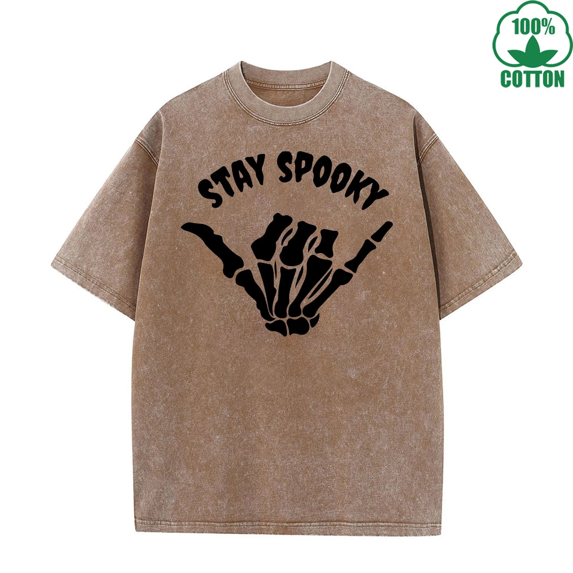 Stay Spooky Quirky Fun Printed Washed T-Shirt 230G American Style Fashion Loose Trendy Fashionable Cotton Short Sleeve Top
