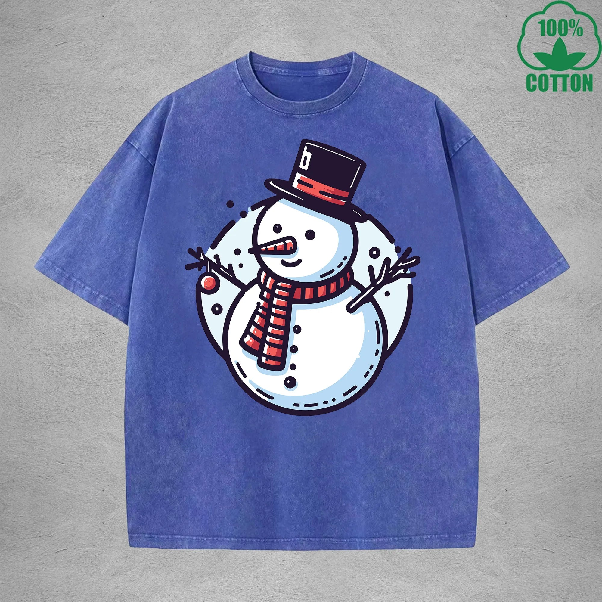 Snowman Interest Printed Washed T-Shirt 230G Multicolor Loose Trendy Fashionable Cotton Short Sleeve Top