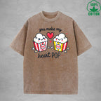You Make My Heait PopInterest Printed Washed T-Shirt 230G Loose Trendy Fashionable 100%Cotton Short Sleeve Top