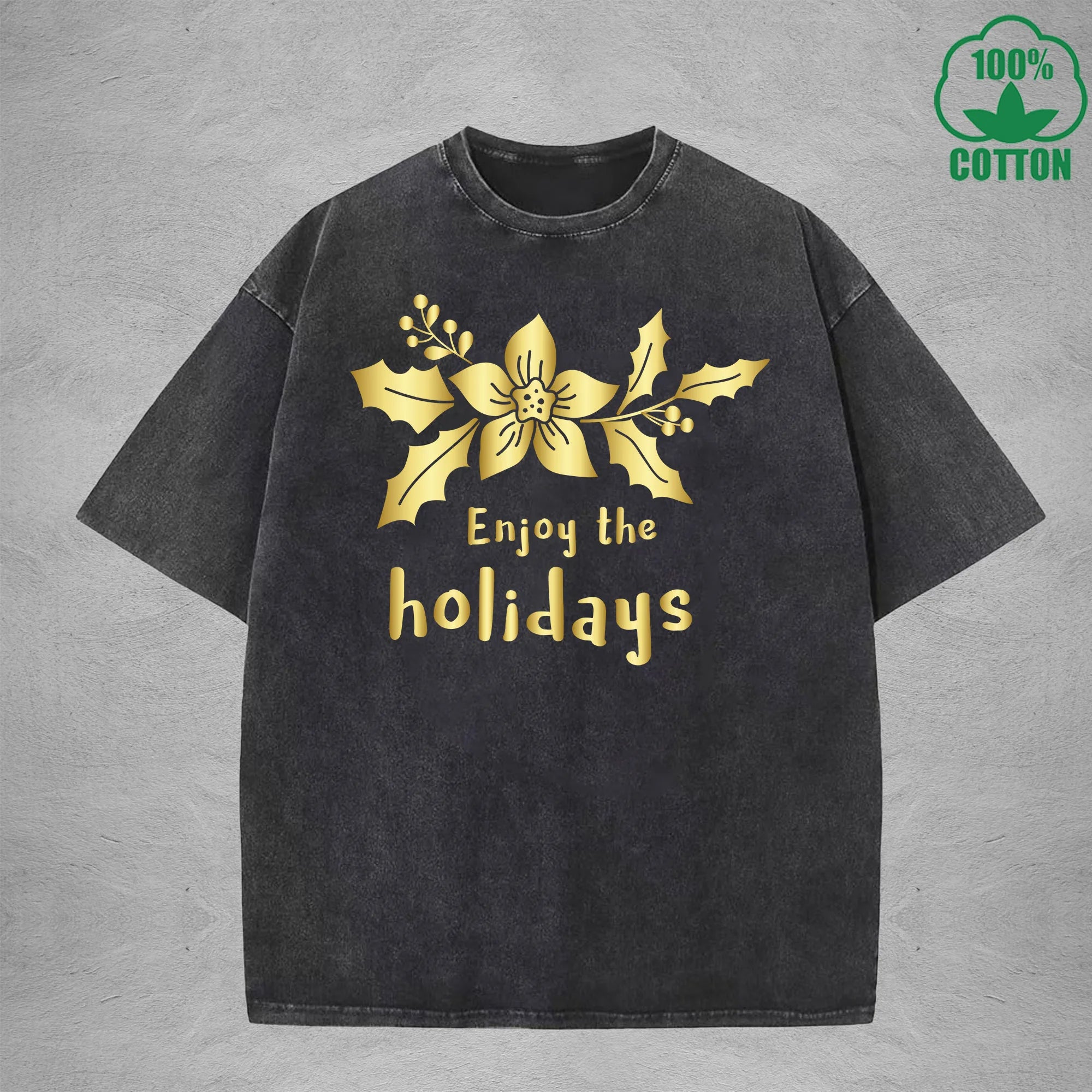 Merry Christmas Interest Printed Washed T-Shirt 230G Multicolor Loose Trendy Fashionable 100%Cotton Short Sleeve Top