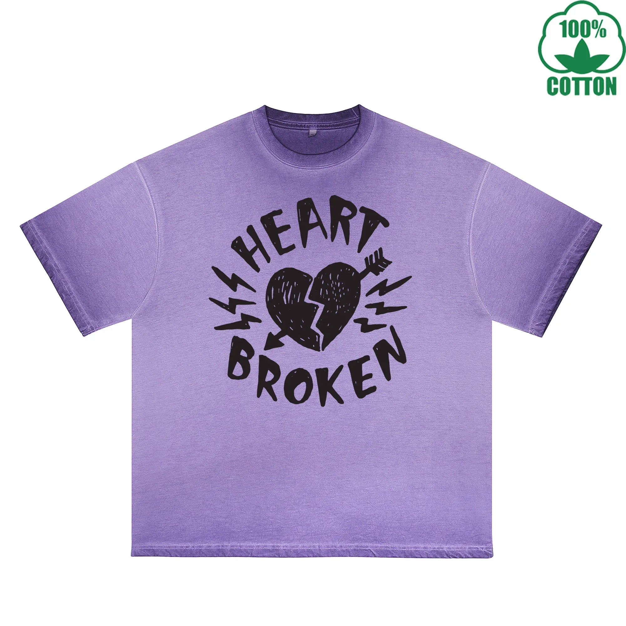 Heart Broken Printed Dirty WashT-Shirt 230G Multicolor Loose Trendy Short Sleeves Fashionable 100%Cotton Top