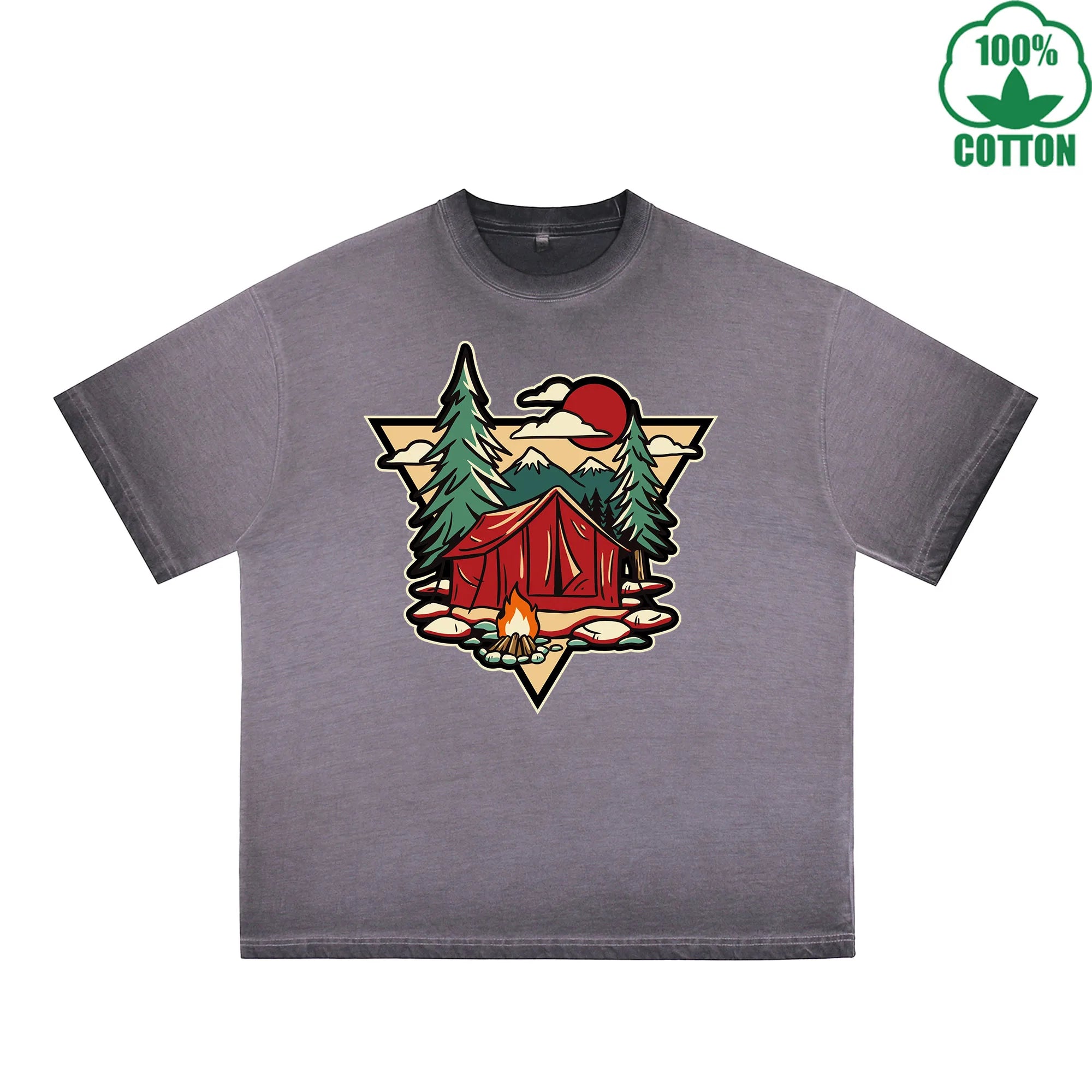 Camping Enthusiast Printed Dirty WashT-Shirt 230G Multicolor Loose Trendy Short Sleeves Fashionable 100%Cotton Top