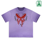 Blood Butterfly Printed Dirty WashT-Shirt 230G Multicolor Loose Trendy Fashionable 100%Cotton Short Sleeve Top