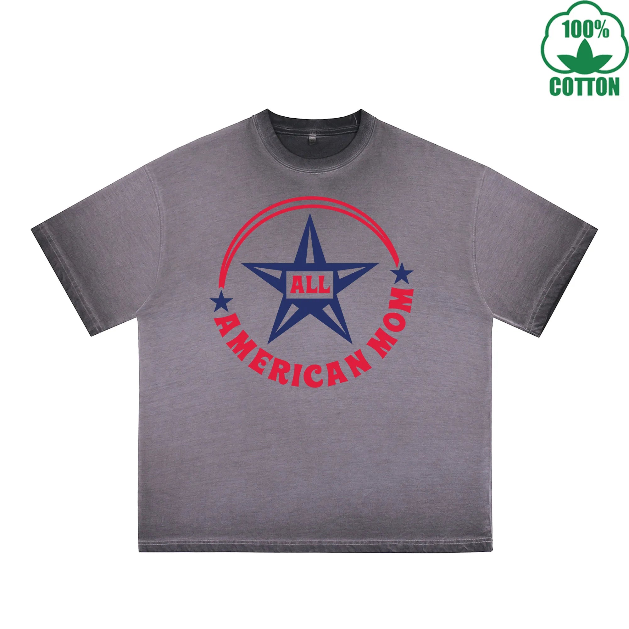 All American Mom Printed Dirty Wash T-Shirt 230G Multicolor Loose Trendy Fashionable 100%Cotton Short Sleeve Top