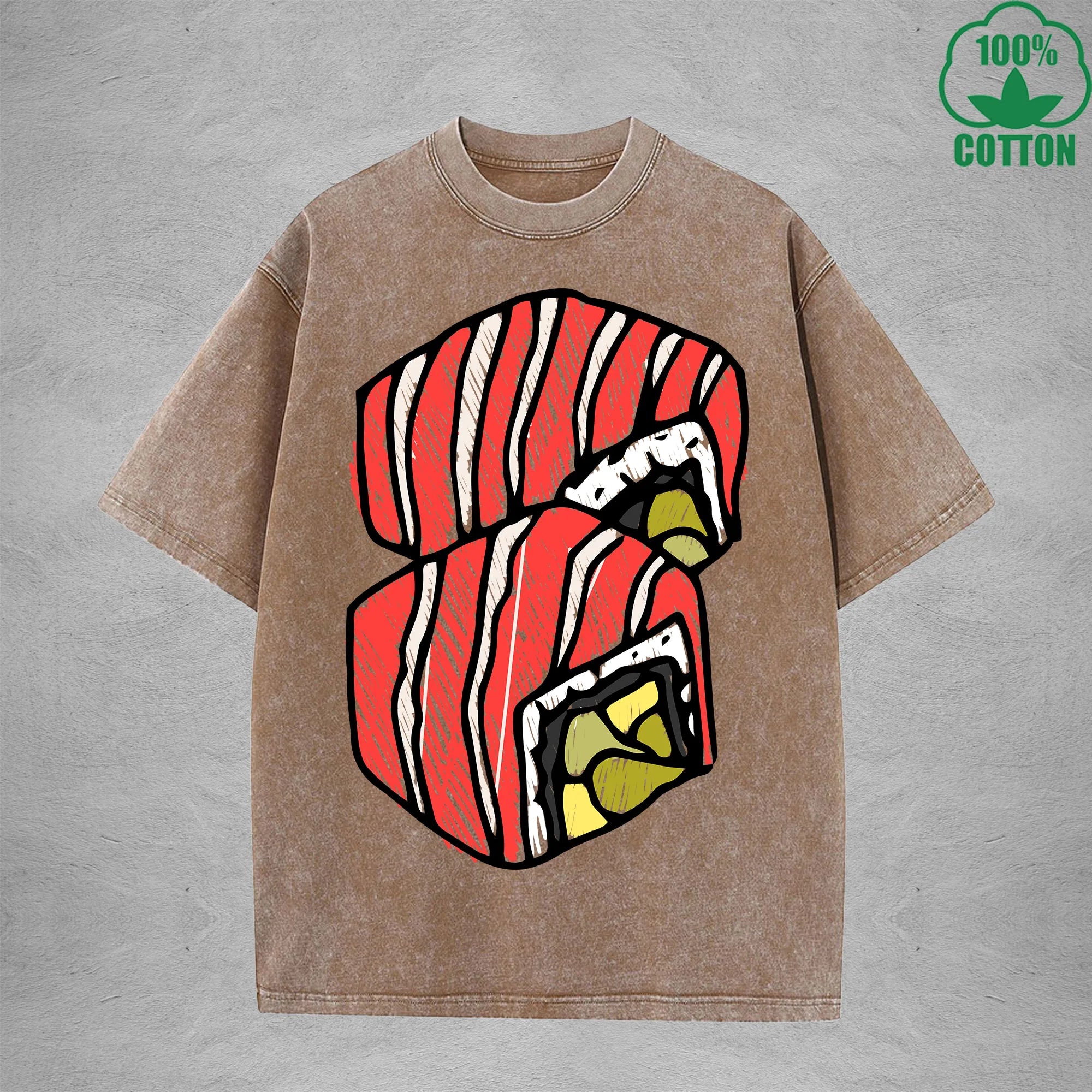 Cute SushiInterest Printed Washed T-Shirt 230G Multicolor Loose Trendy Fashionable 100%Cotton Short Sleeve Top