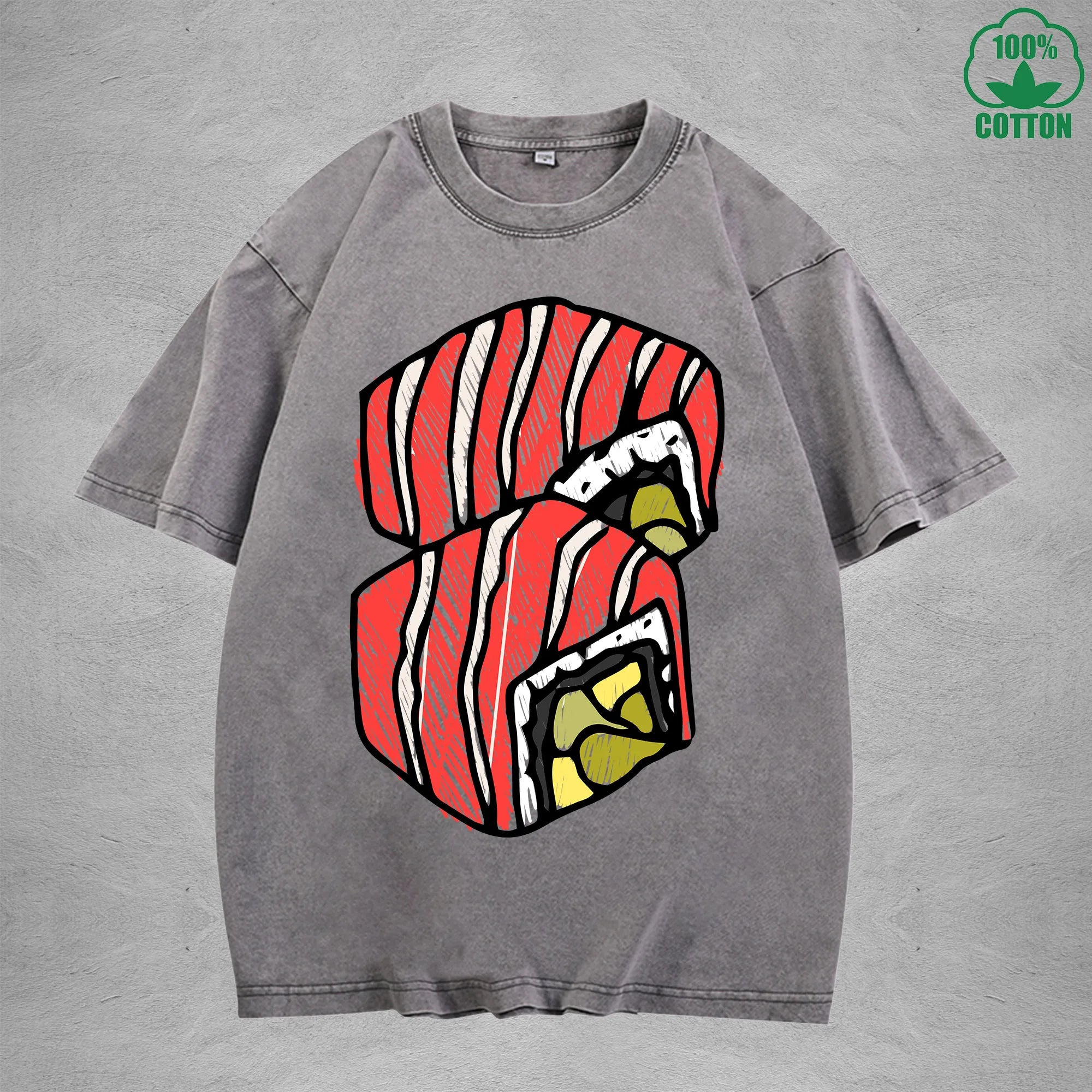 Cute SushiInterest Printed Washed T-Shirt 230G Multicolor Loose Trendy Fashionable 100%Cotton Short Sleeve Top
