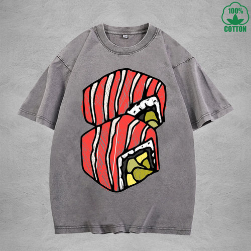 Cute SushiInterest Printed Washed T-Shirt 230G Multicolor Loose Trendy Fashionable 100%Cotton Short Sleeve Top