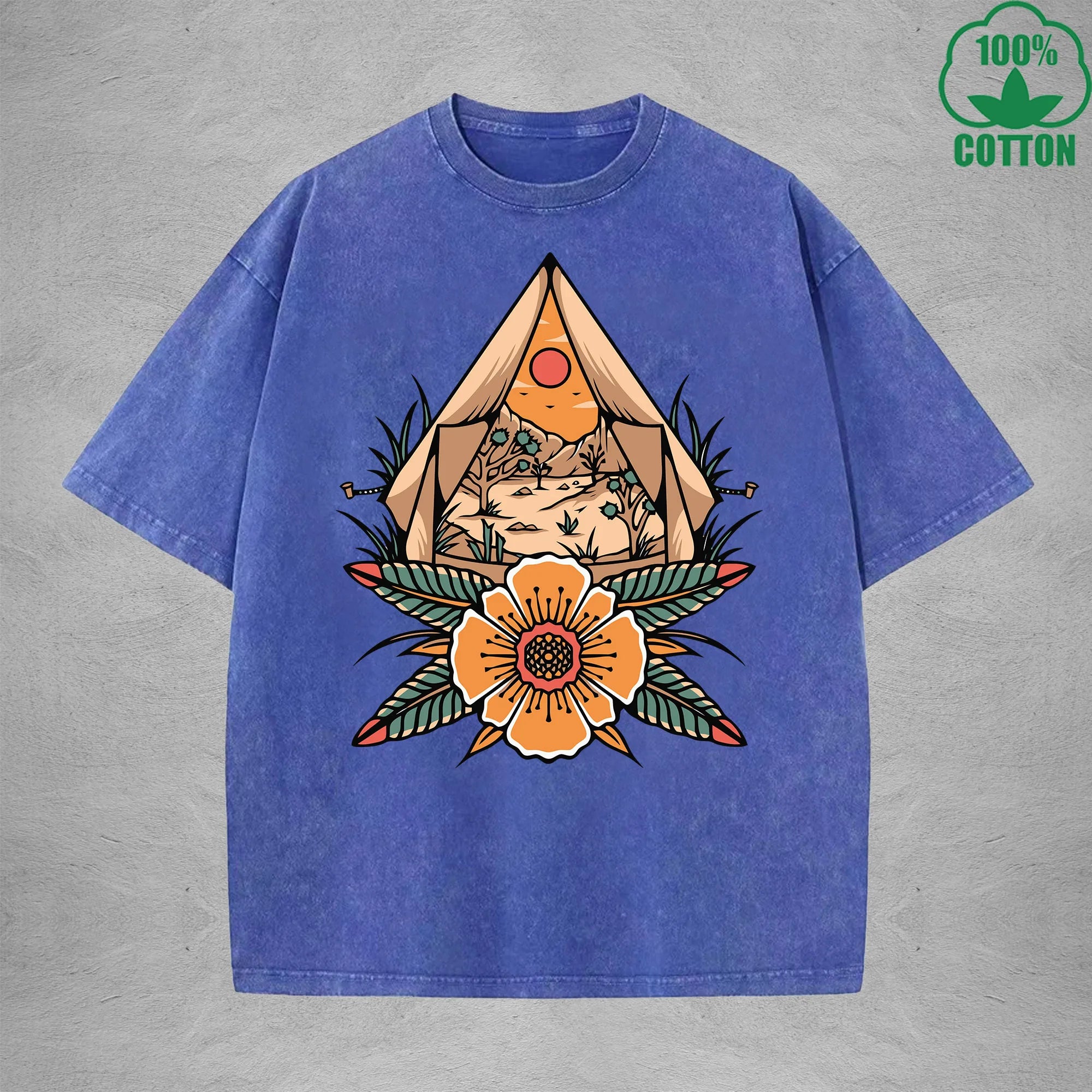 Desert CampInterest Printed Washed T-Shirt 230G Multicolor Loose Trendy Fashionable 100%Cotton Short Sleeve Top