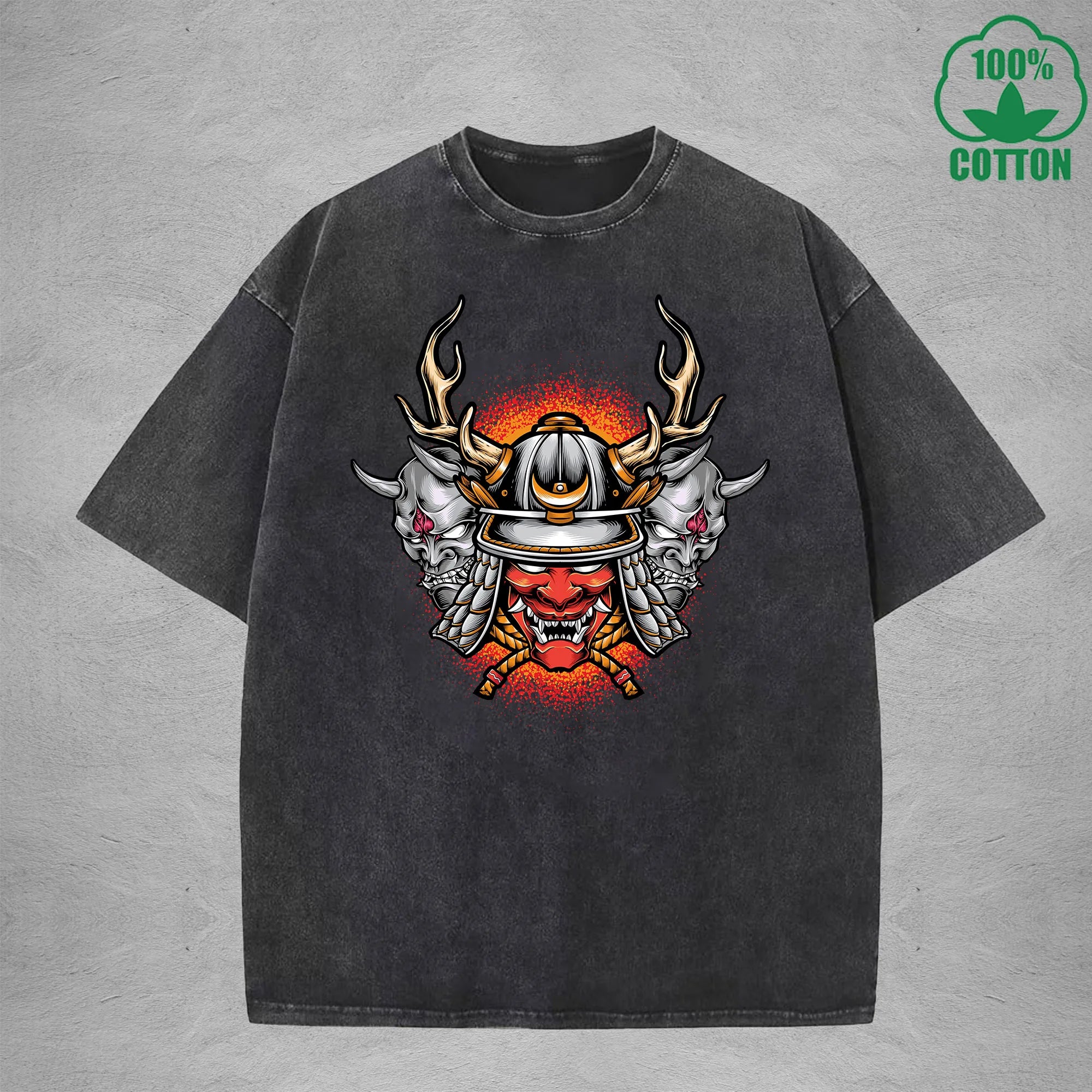 Hell Warrior Interest Printed Washed T-Shirt 230G Multicolor Loose Trendy Fashionable 100%Cotton Short Sleeve Top