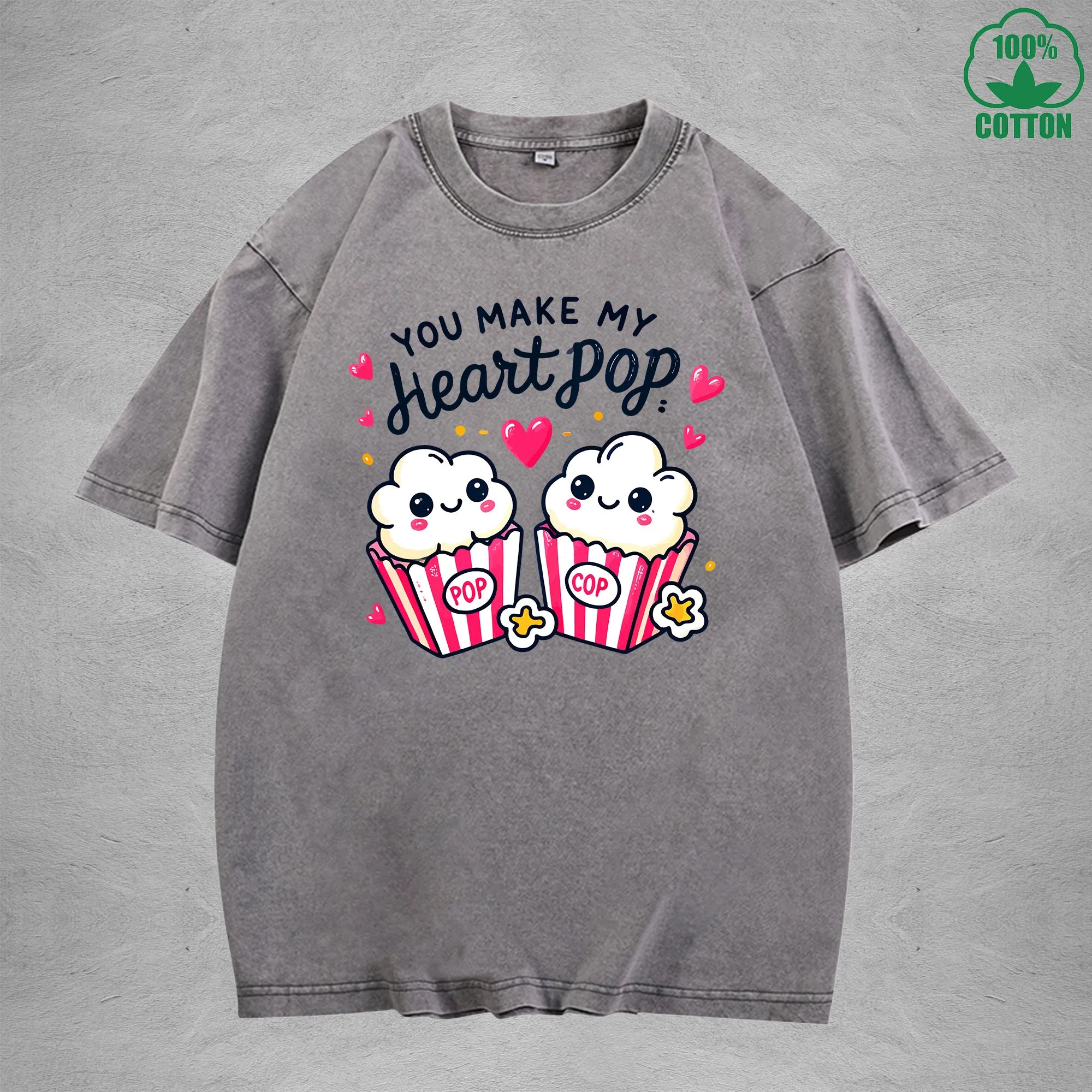 You Make My Heait PopInterest Printed Washed T-Shirt 230G Loose Trendy Fashionable 100%Cotton Short Sleeve Top