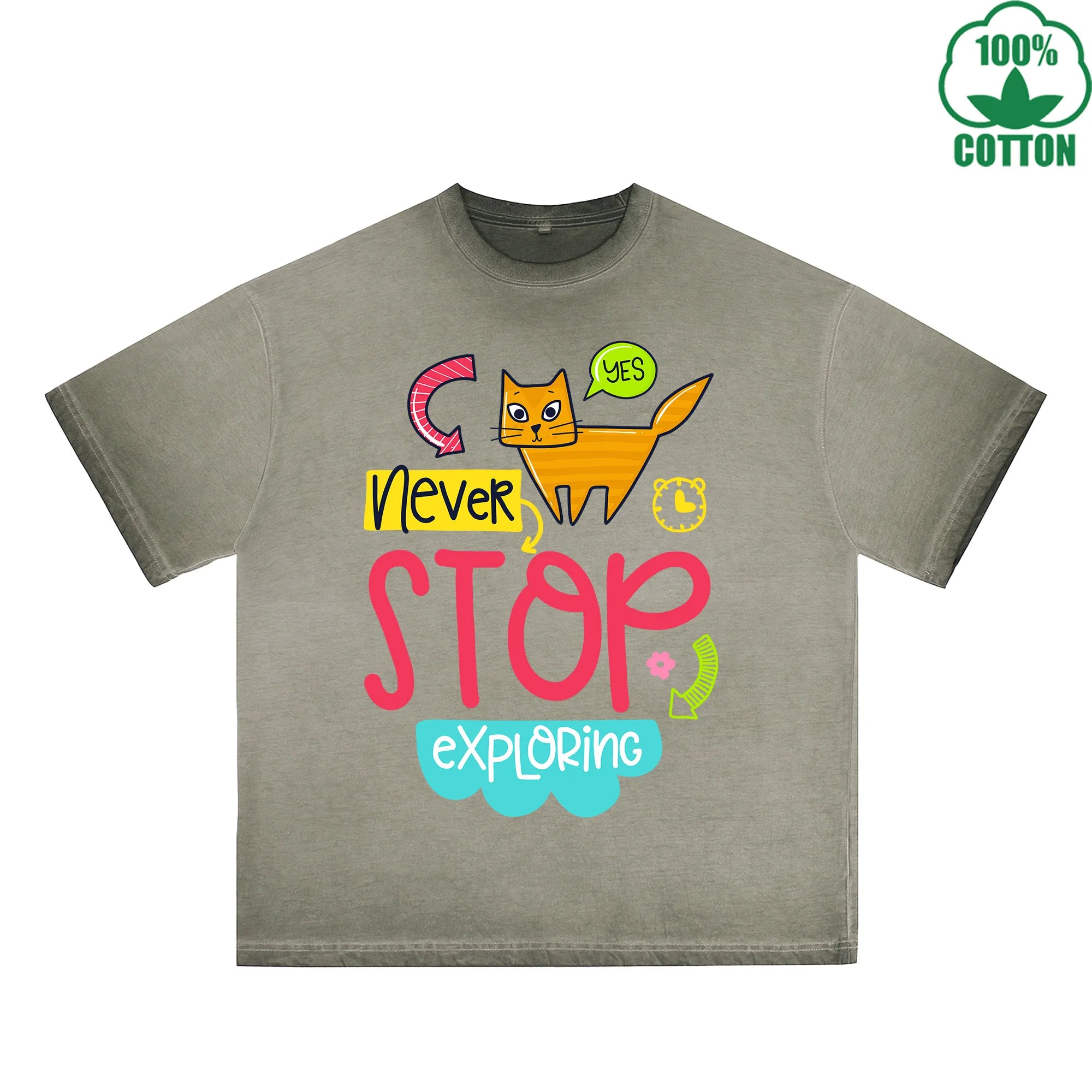 Stop Exploring Printed Dirty WashT-Shirt 230G Multicolor Loose Trendy Fashionable 100%Cotton Short Sleeve Top
