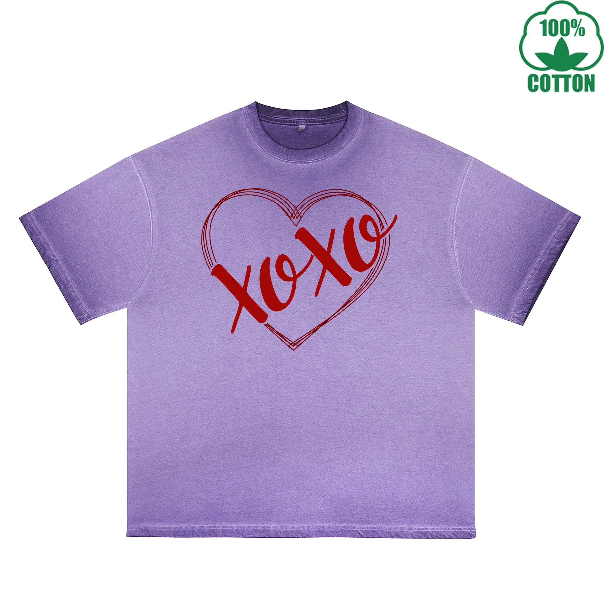 Xoxo Printed Dirty Wash T-Shirt 230G Multicolor Loose Trendy Fashionable 100%Cotton Short Sleeve Top