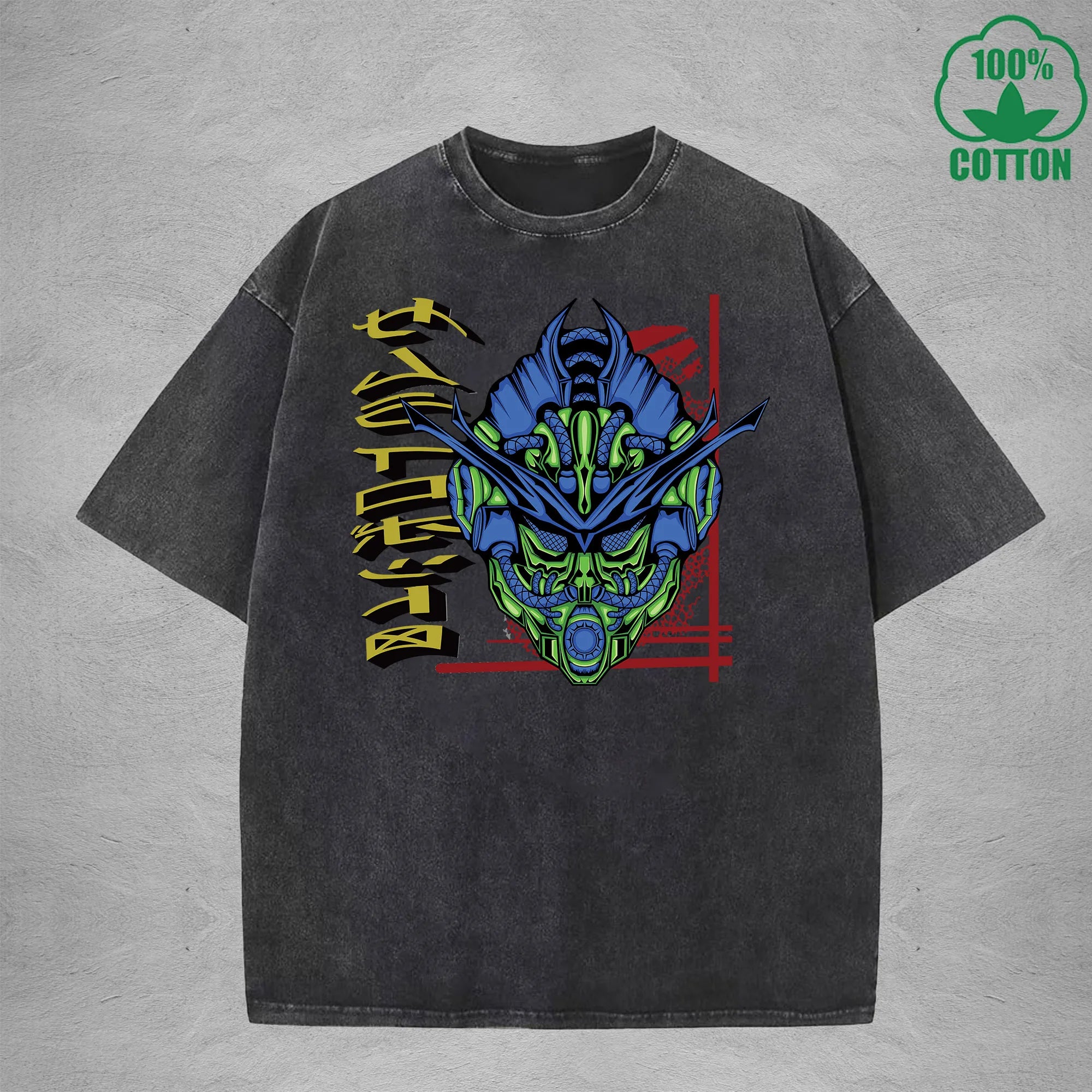 Combat Mecha Interest Printed Washed T-Shirt 230G Multicolor Loose Trendy Fashionable 100%Cotton Short Sleeve Top