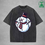 Snowman Interest Printed Washed T-Shirt 230G Multicolor Loose Trendy Fashionable Cotton Short Sleeve Top