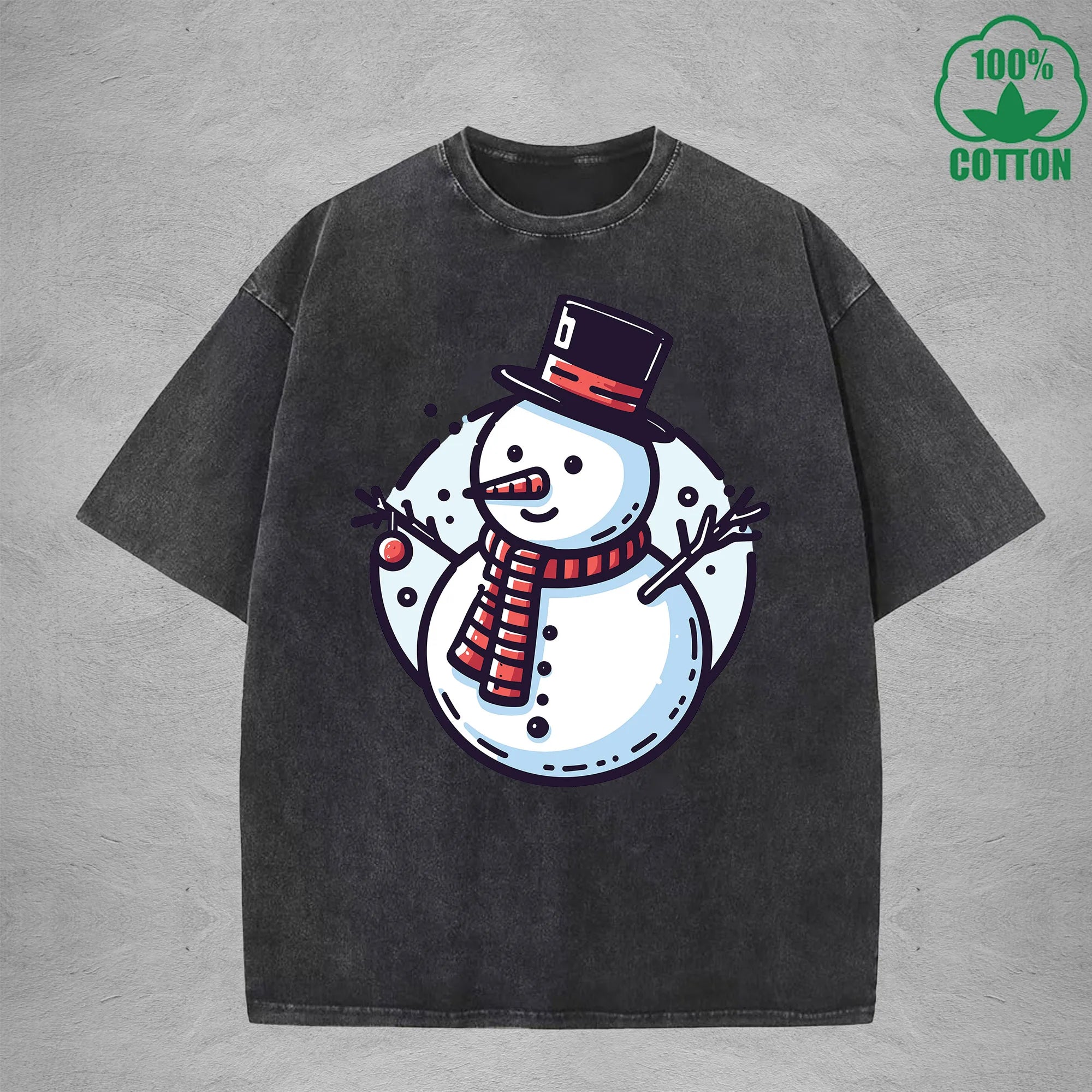 Snowman Interest Printed Washed T-Shirt 230G Multicolor Loose Trendy Fashionable Cotton Short Sleeve Top