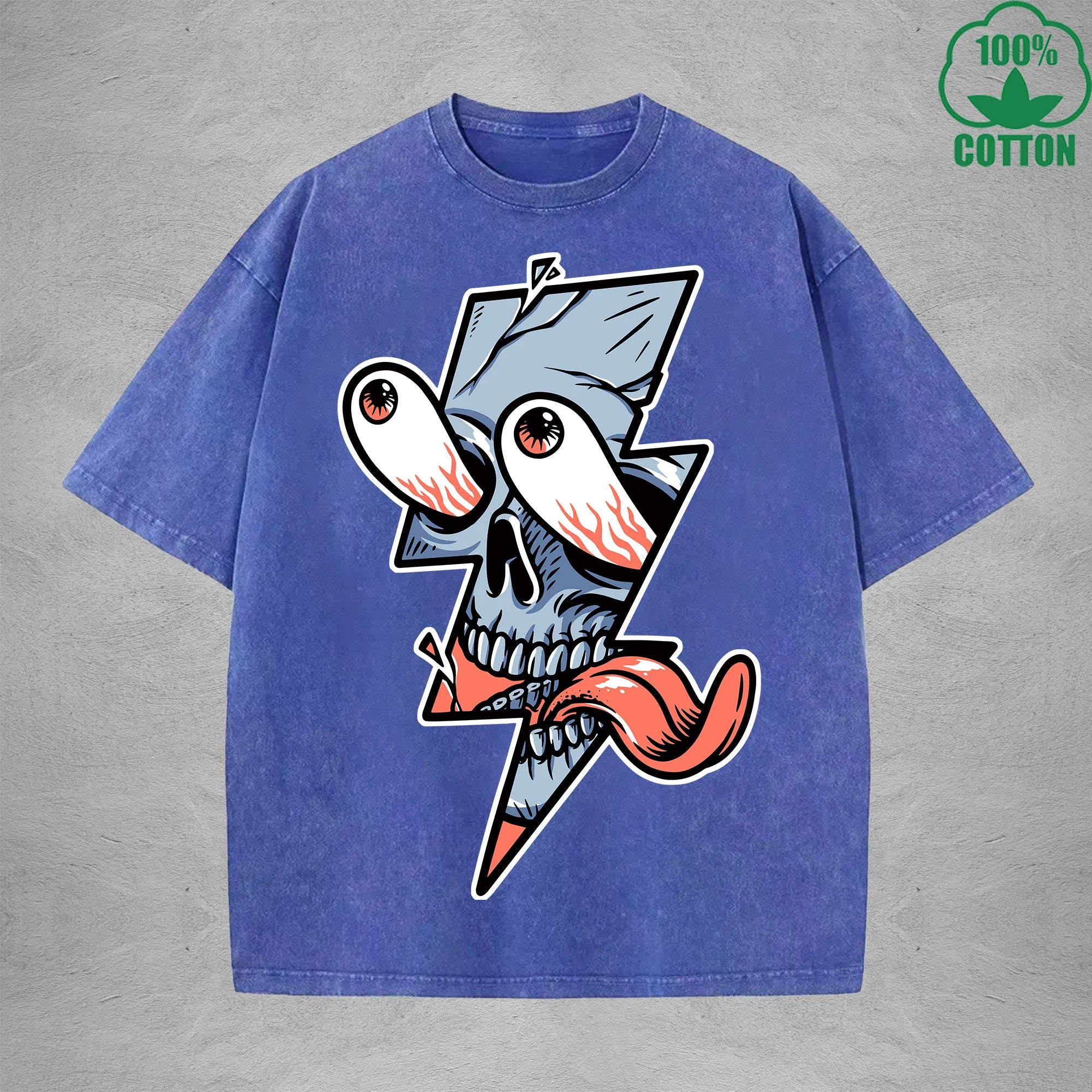 Lightning Skeleton Interest Printed Washed T-Shirt 230G Multicolor Loose Trendy Fashionable 100%Cotton Short Sleeve Top