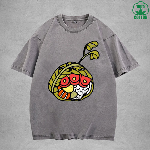 Cute Rice BallInterest Printed Washed T-Shirt 230G Multicolor Loose Trendy Fashionable 100%Cotton Short Sleeve Top