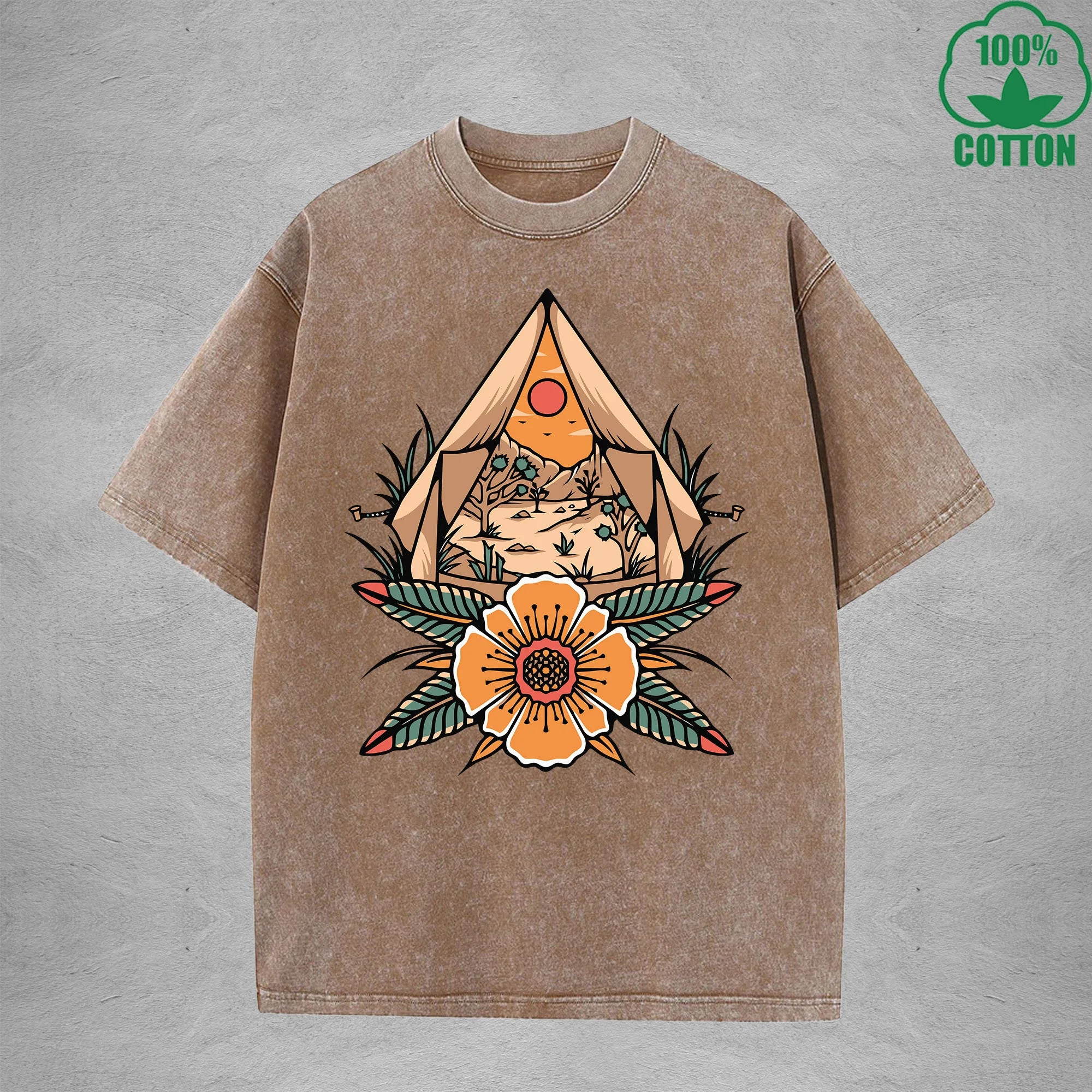Desert CampInterest Printed Washed T-Shirt 230G Multicolor Loose Trendy Fashionable 100%Cotton Short Sleeve Top