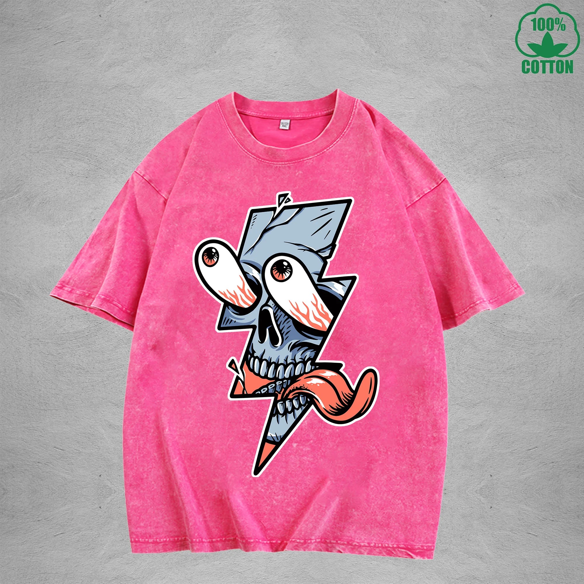 Lightning Skeleton Interest Printed Washed T-Shirt 230G Multicolor Loose Trendy Fashionable 100%Cotton Short Sleeve Top