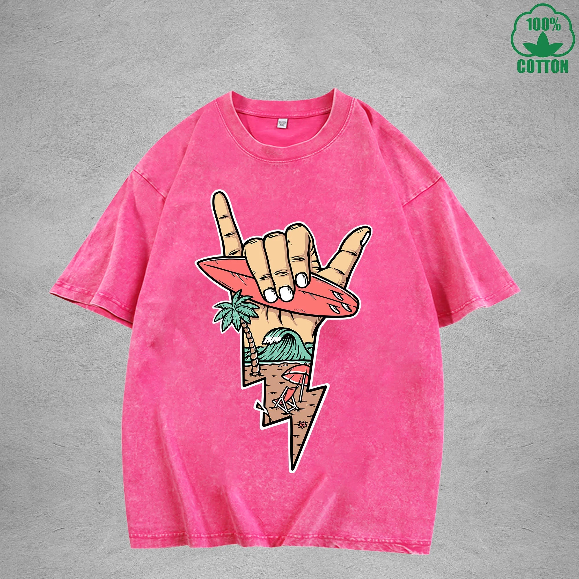 Lightning Surfing Interest Printed Washed T-Shirt 230G Multicolor Loose Trendy Fashionable 100%Cotton Short Sleeve Top