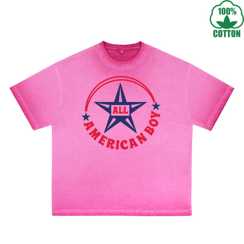 All American Boy Printed Dirty Wash T-Shirt 230G Multicolor Loose Trendy Fashionable 100%Cotton Short Sleeve Top