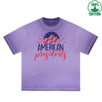 American Presidents Printed Dirty Wash T-Shirt 230G Multicolor Loose Trendy Fashionable 100%Cotton Short Sleeve Top