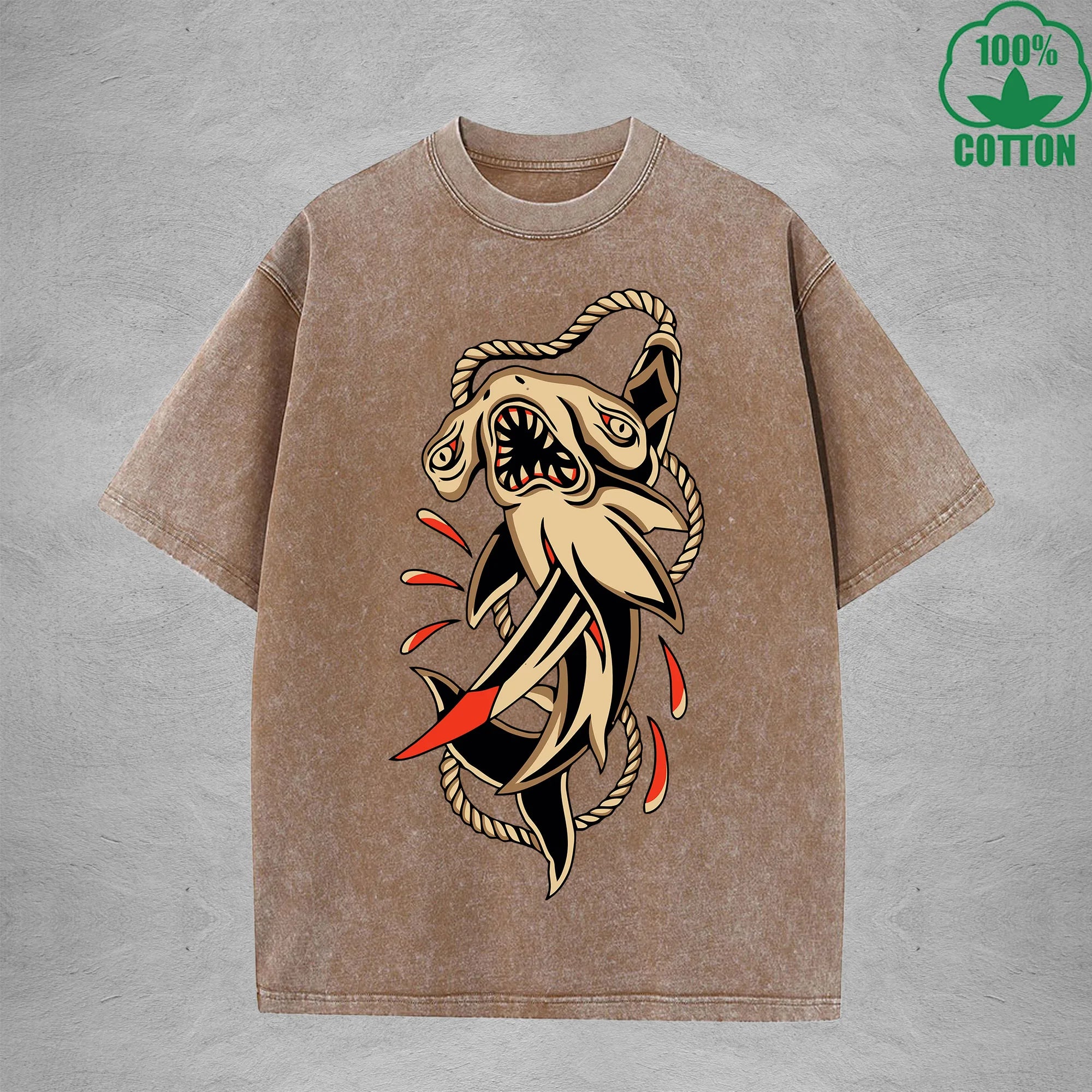 PredatorInterest Printed Washed T-Shirt 230G Multicolor Loose Trendy Fashionable 100%Cotton Short Sleeve Top