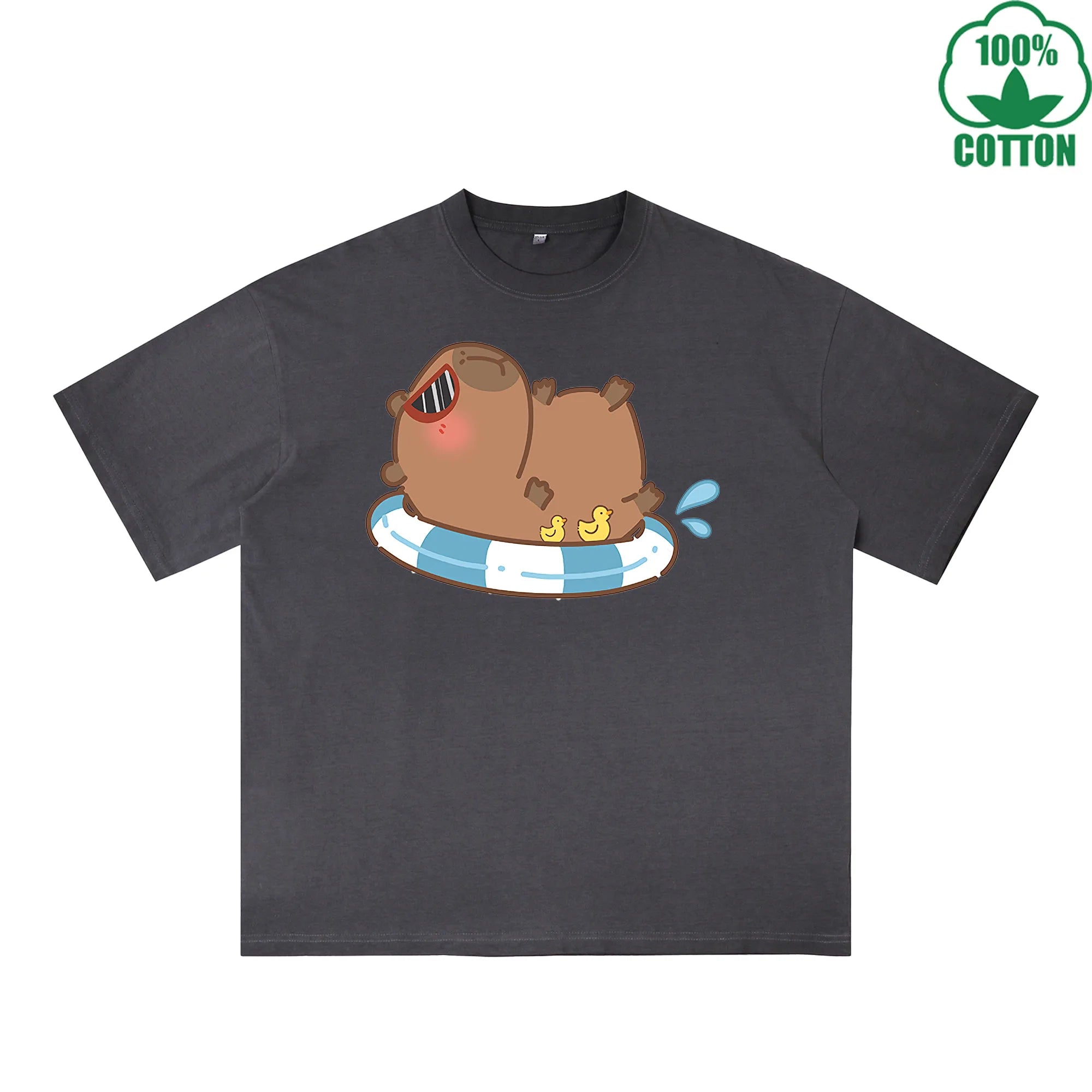 Capybara Sunbathing Printed Dirty WashT-Shirt 230G Multicolor Loose Trendy Fashionable 100%Cotton Short Sleeve Top