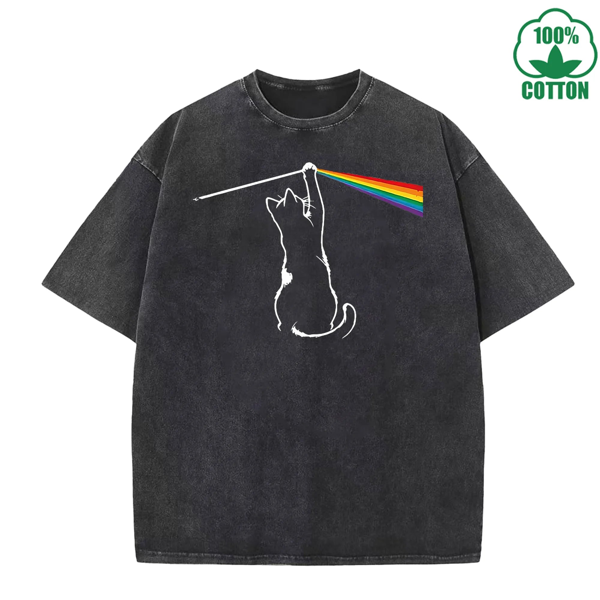 Cat Chasing a Rainbow Printed Washed T-Shirt 230G Loose Trendy Fashionable Cotton Short Sleeve Top Clearance Sale
