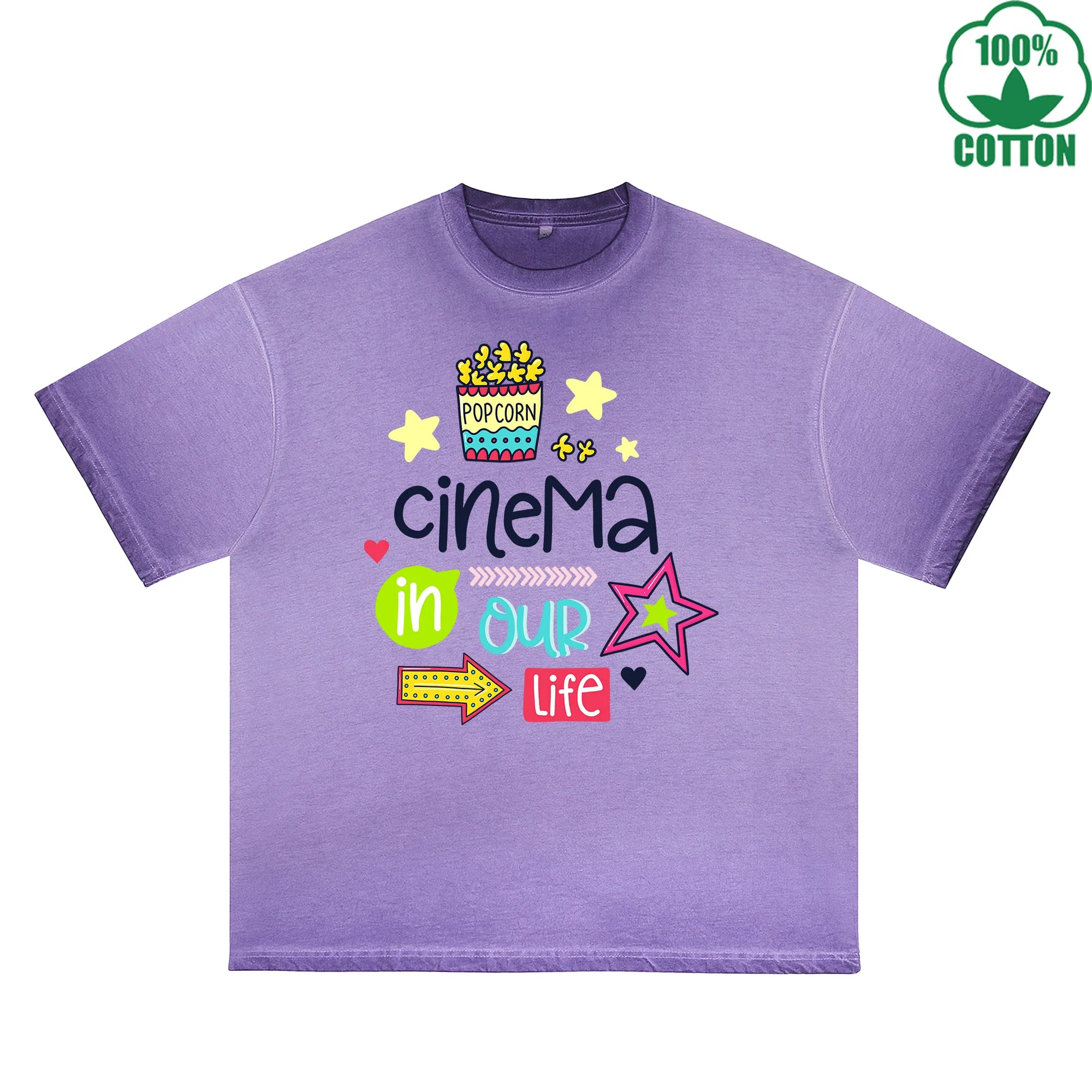 Cinema In Our Life Printed Dirty WashT-Shirt 230G Multicolor Loose Trendy Fashionable 100%Cotton Short Sleeve Top