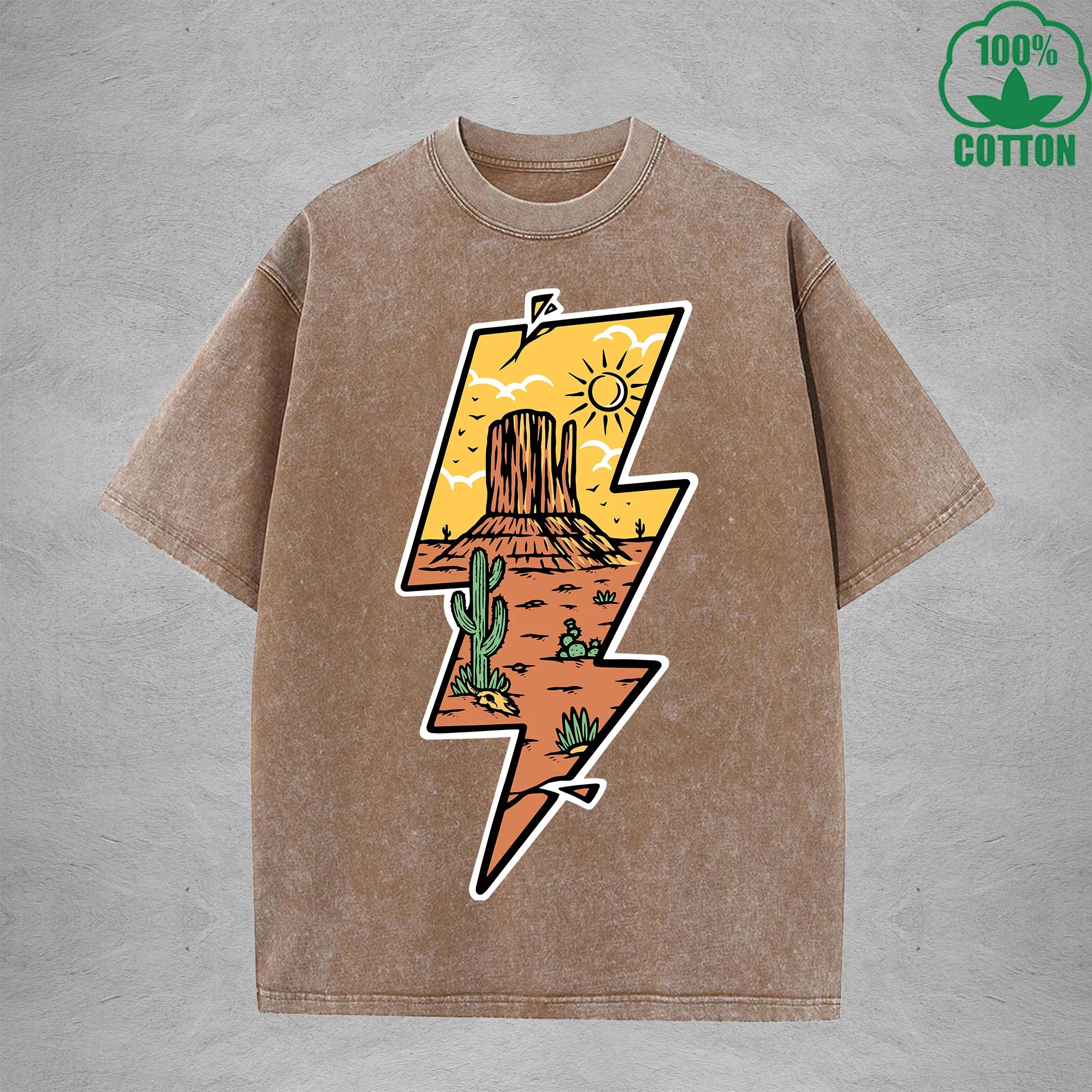Lightning Desert Interest Printed Washed T-Shirt 230G Multicolor Loose Trendy Fashionable 100%Cotton Short Sleeve Top