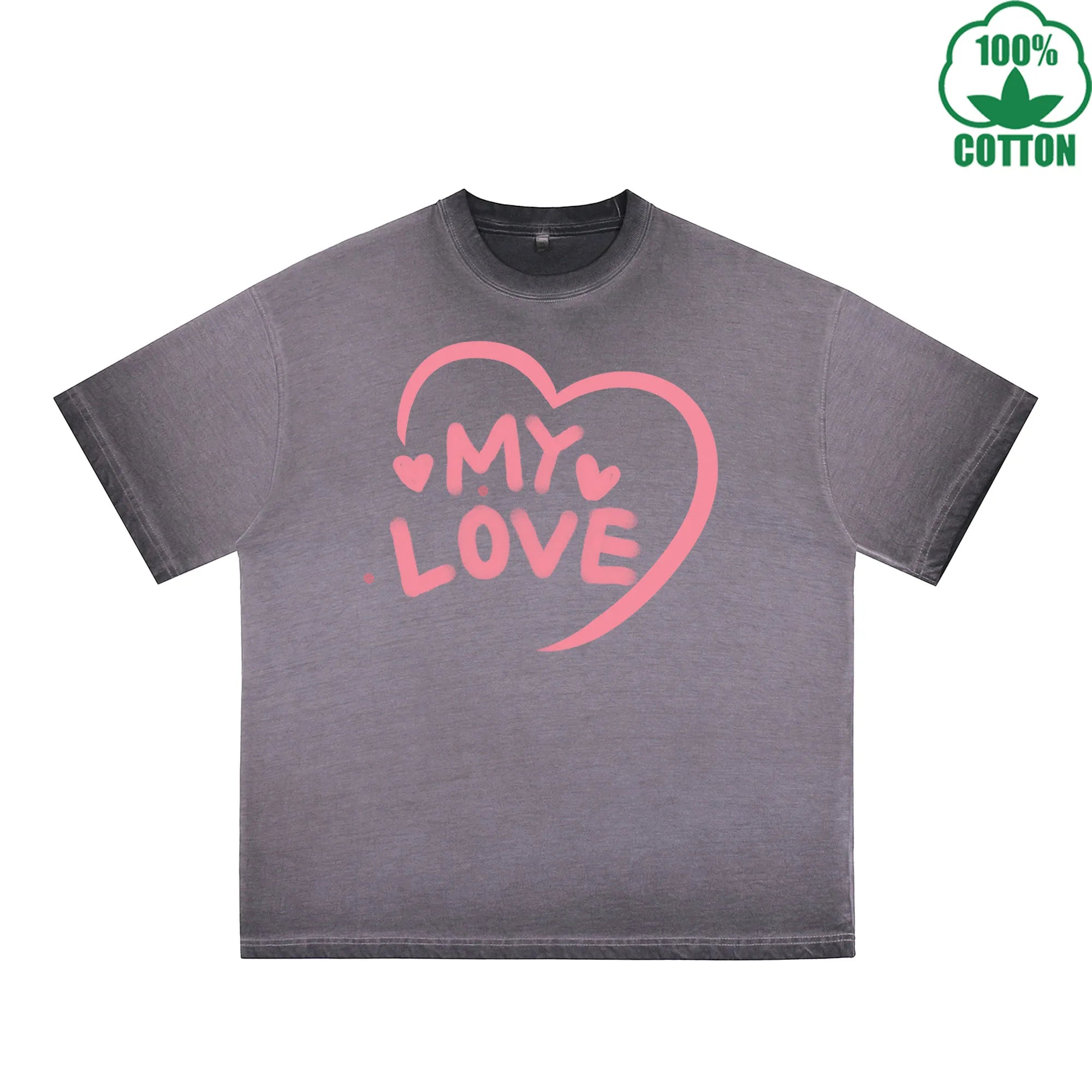 MY Love Printed Dirty WashT-Shirt 230G Multicolor Loose Trendy Short Sleeves Fashionable 100%Cotton Top