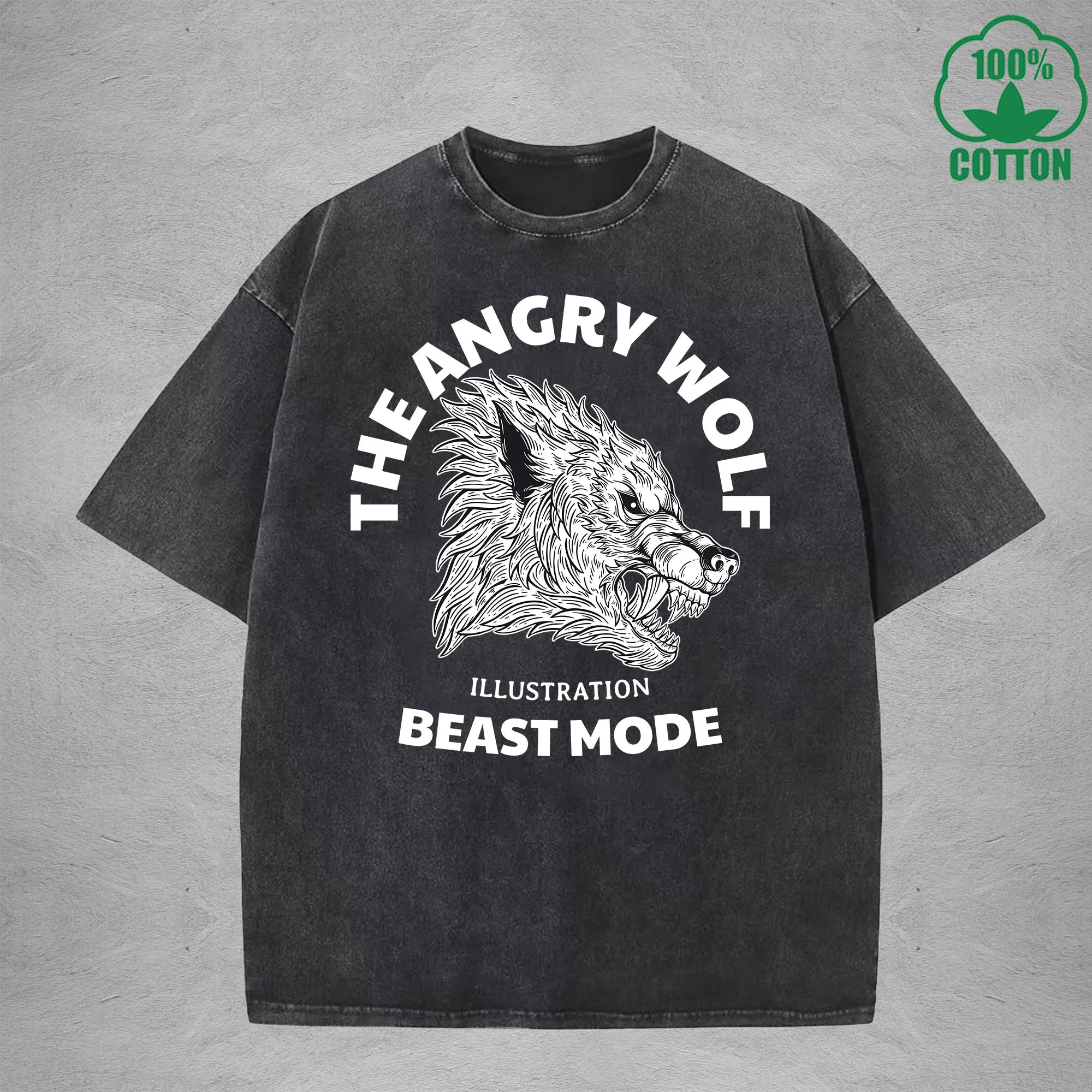 The Angry WolfInterest Printed Washed T-Shirt 230G Multicolor Loose Trendy Fashionable 100%Cotton Short Sleeve Top