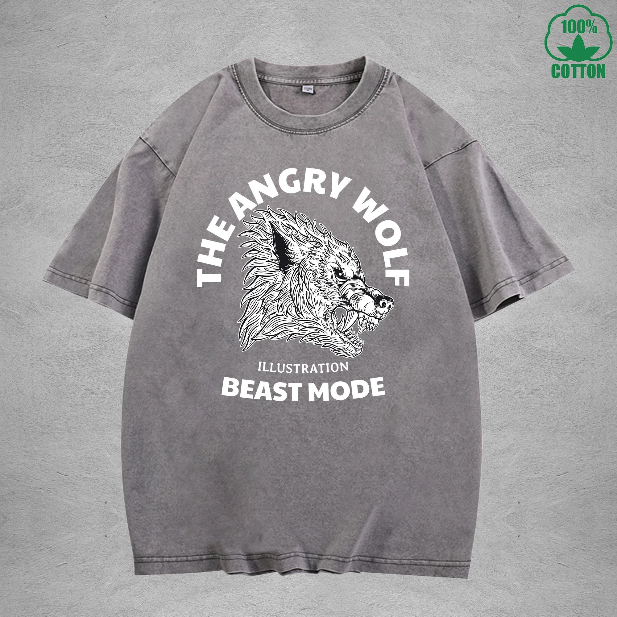 The Angry WolfInterest Printed Washed T-Shirt 230G Multicolor Loose Trendy Fashionable 100%Cotton Short Sleeve Top