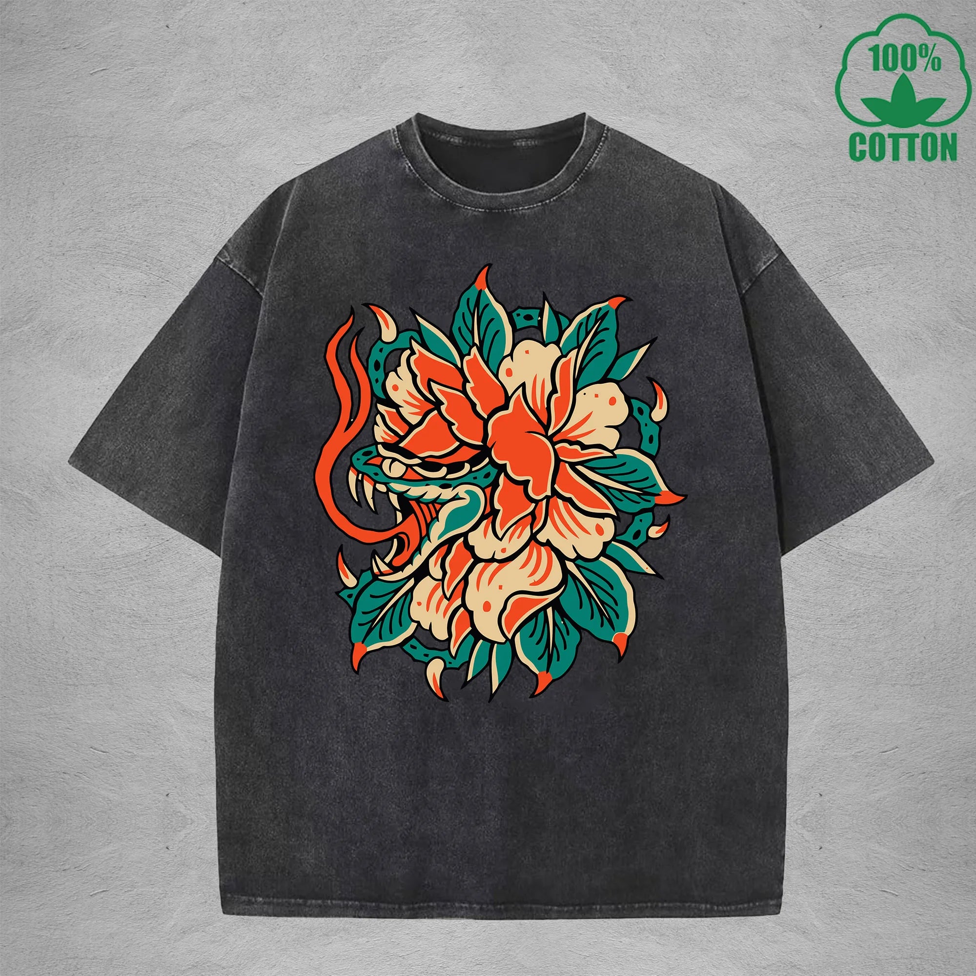 Hidden ViperInterest Printed Washed T-Shirt 230G Multicolor Loose Trendy Fashionable 100%Cotton Short Sleeve Top
