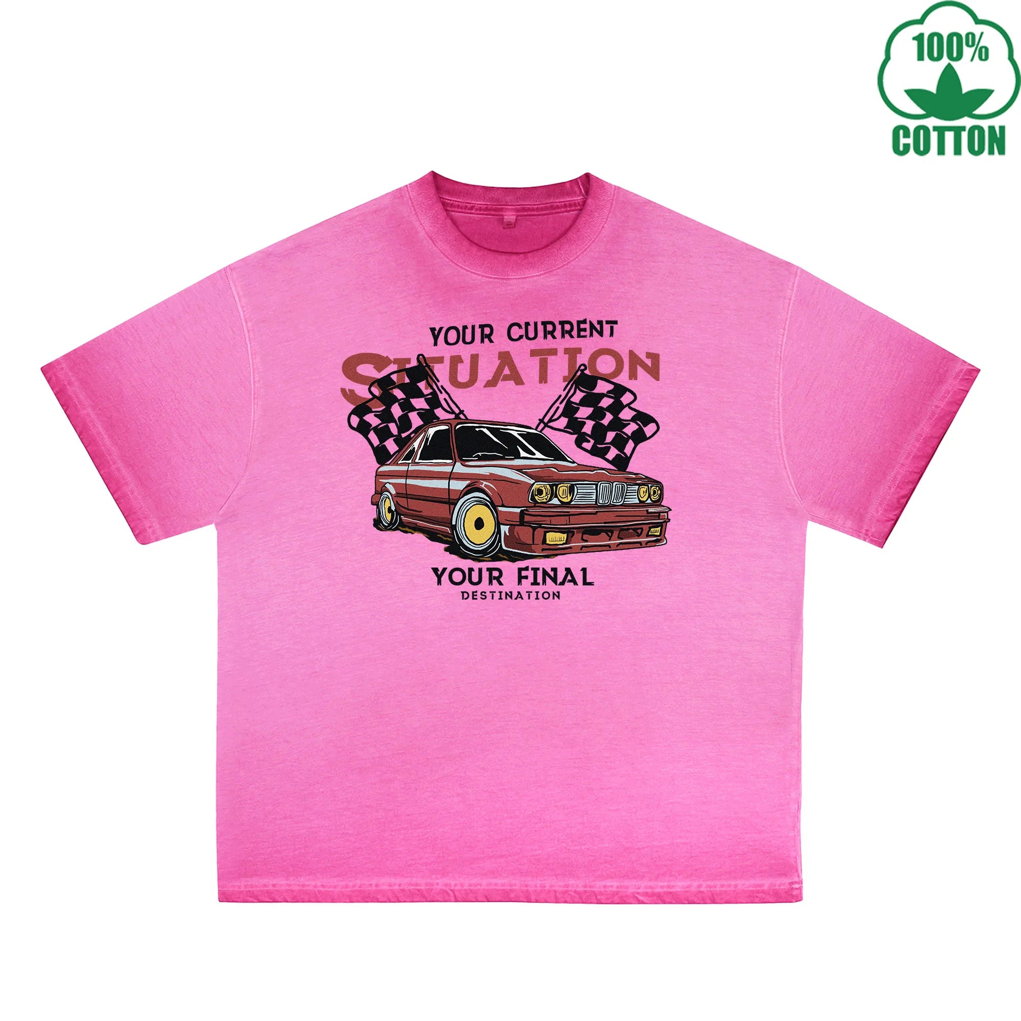 Racing Printed Dirty WashT-Shirt 230G Multicolor Loose Trendy Fashionable 100%Cotton Short Sleeve Top