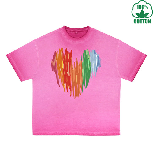 Colorful Heart Printed Dirty WashT-Shirt 230G Multicolor Loose Trendy Short Sleeves Fashionable 100%Cotton Top