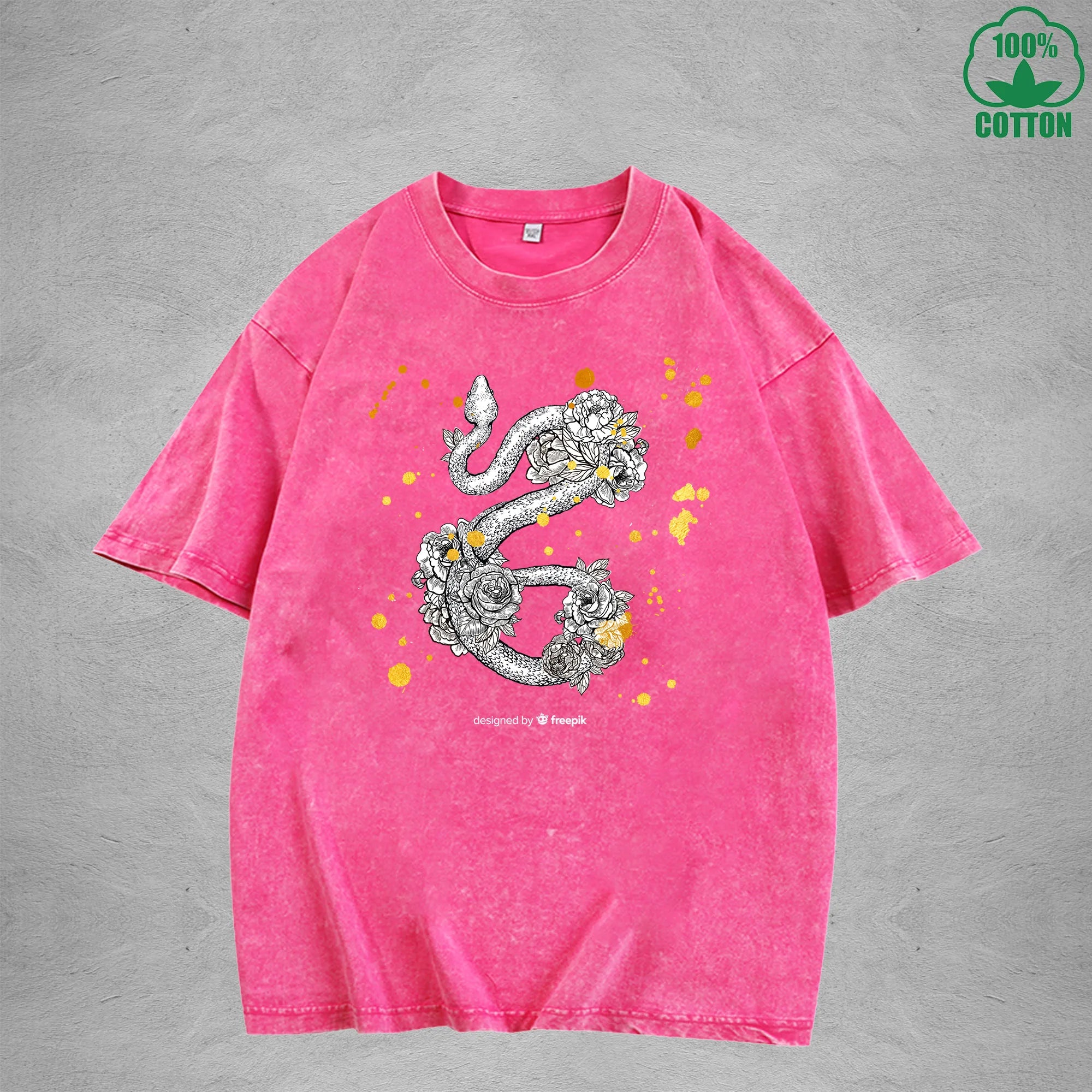 Roses And Vipers Printed Washed T-Shirt 230G Minimalist Loose Trendy Fashionable Cotton Short Sleeve Top