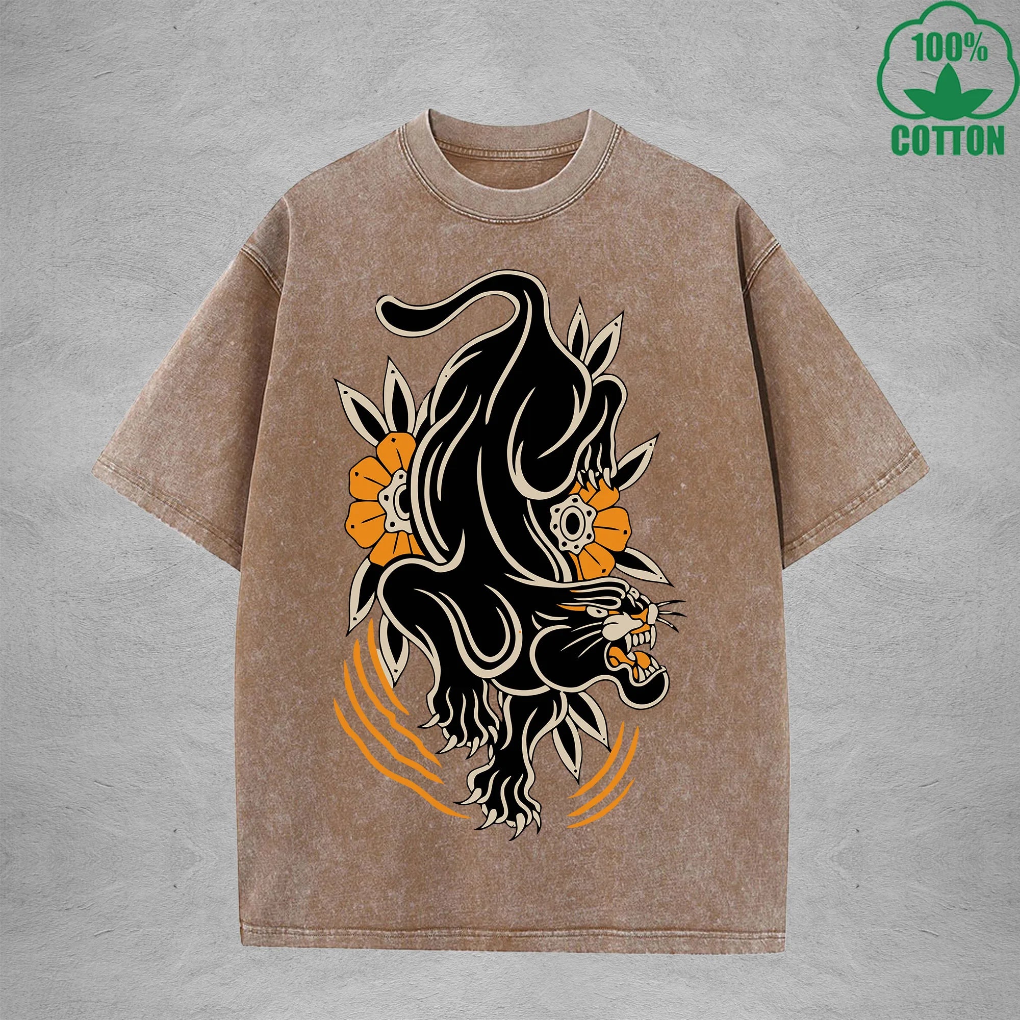 Black PantherInterest Printed Washed T-Shirt 230G Multicolor Loose Trendy Fashionable 100%Cotton Short Sleeve Top