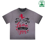 Silly God of Love Printed Dirty Wash T-Shirt 230G Multicolor Loose Trendy Fashionable 100%Cotton Short Sleeve Top