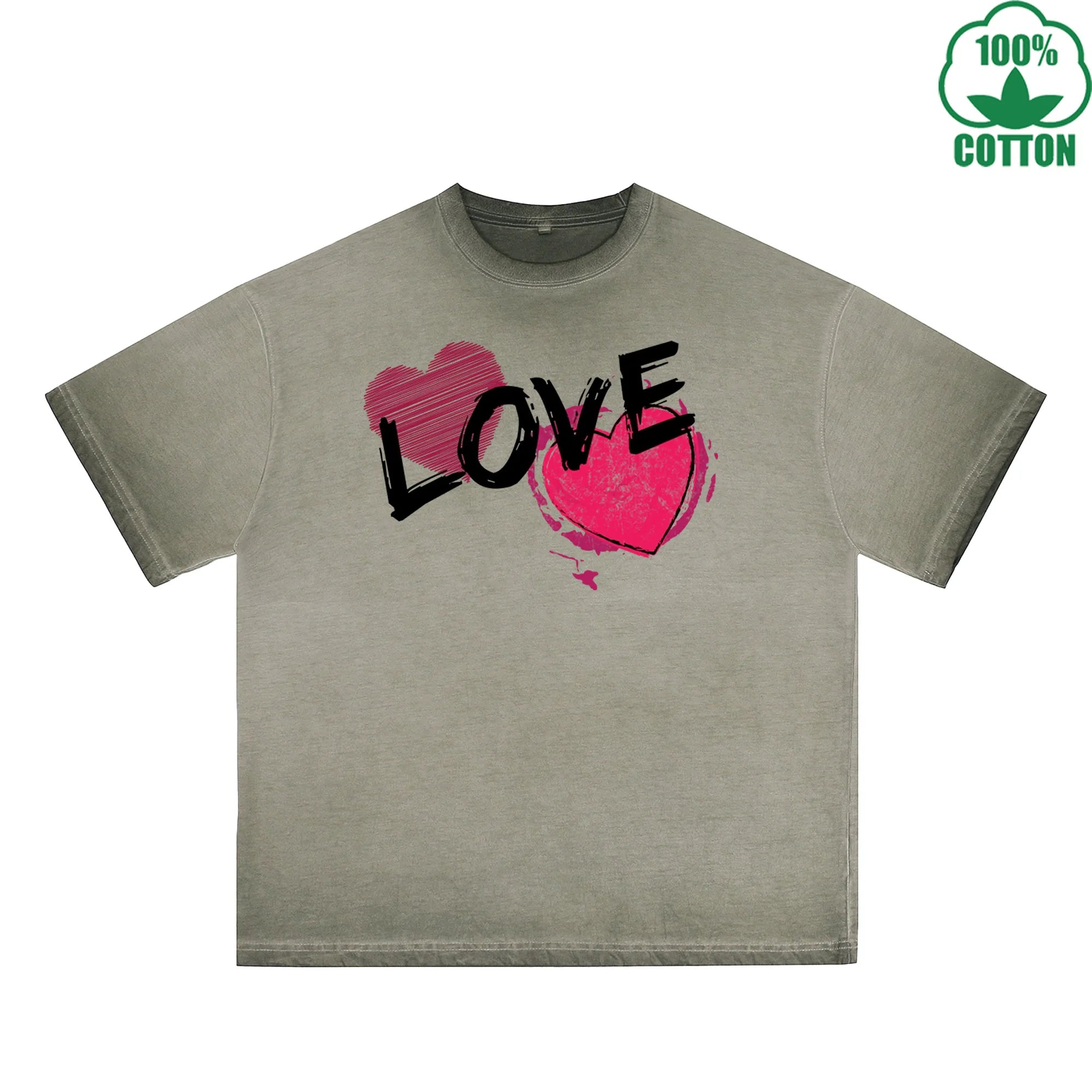 Love Printed Dirty WashT-Shirt 230G Multicolor Loose Trendy Short Sleeves Fashionable 100%Cotton Top