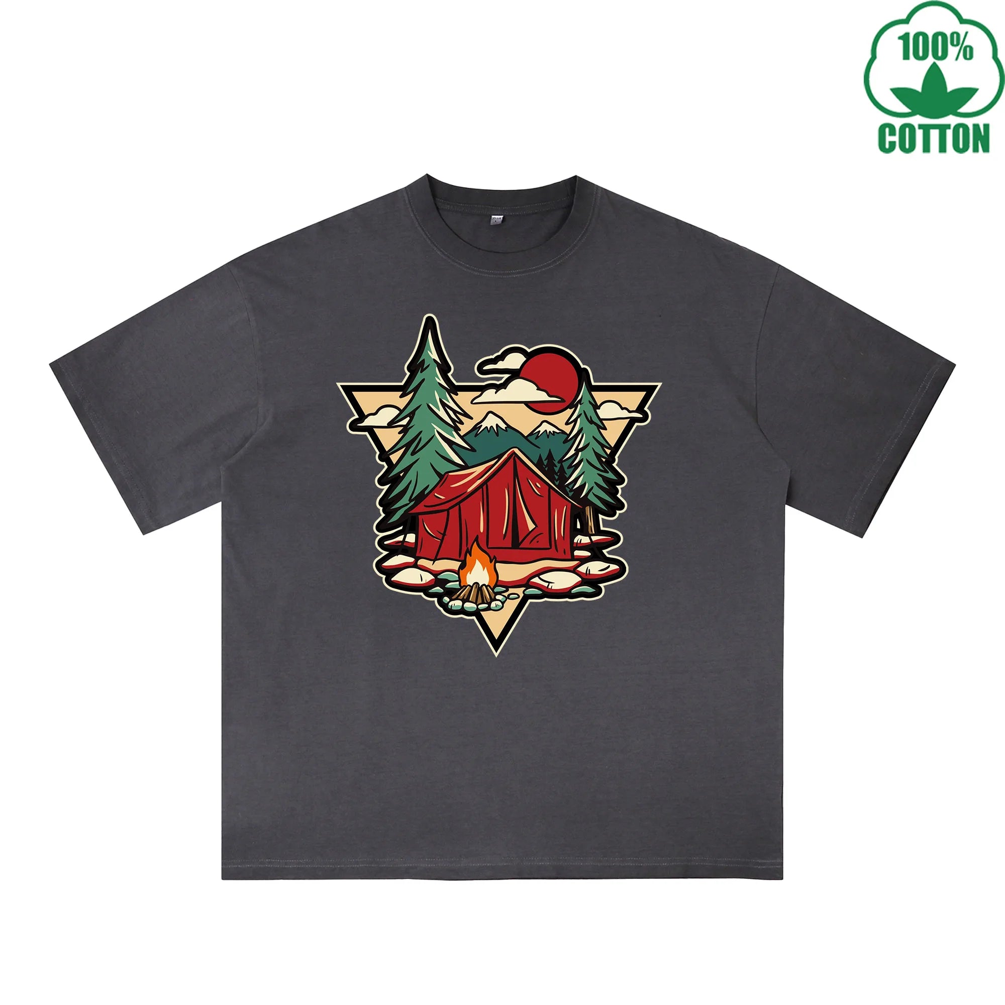 Camping Enthusiast Printed Dirty WashT-Shirt 230G Multicolor Loose Trendy Short Sleeves Fashionable 100%Cotton Top