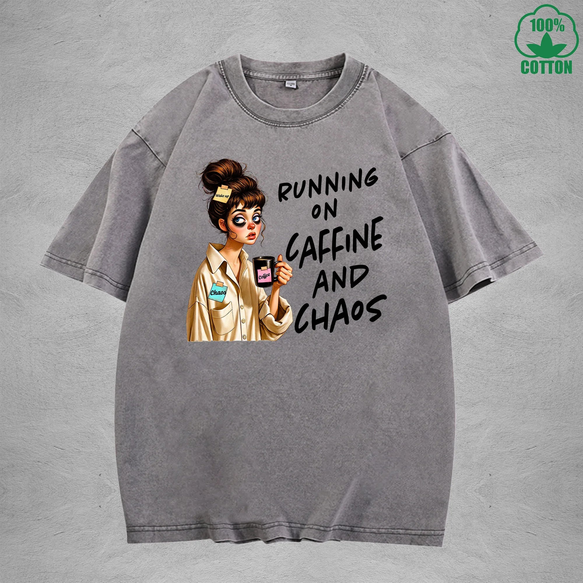 Running on CaffineInterest Printed Washed T-Shirt 230G Loose Trendy Fashionable 100%Cotton Short Sleeve Top